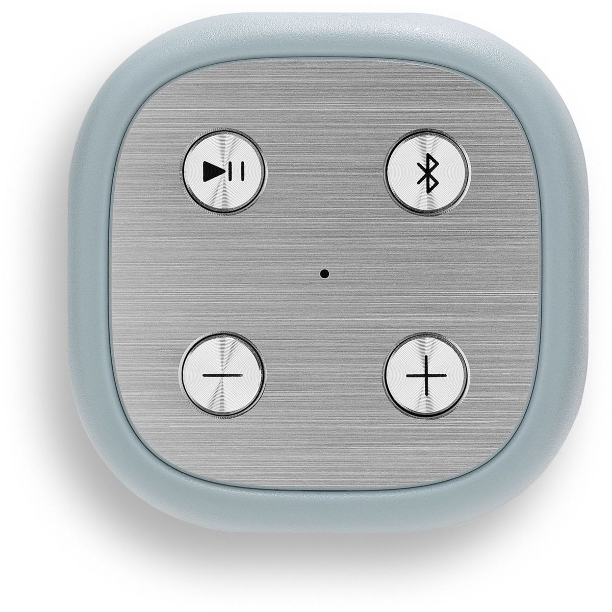 Grauer Lautsprecher mit Play/Pause, Bluetooth, Minus und Plus Tasten.