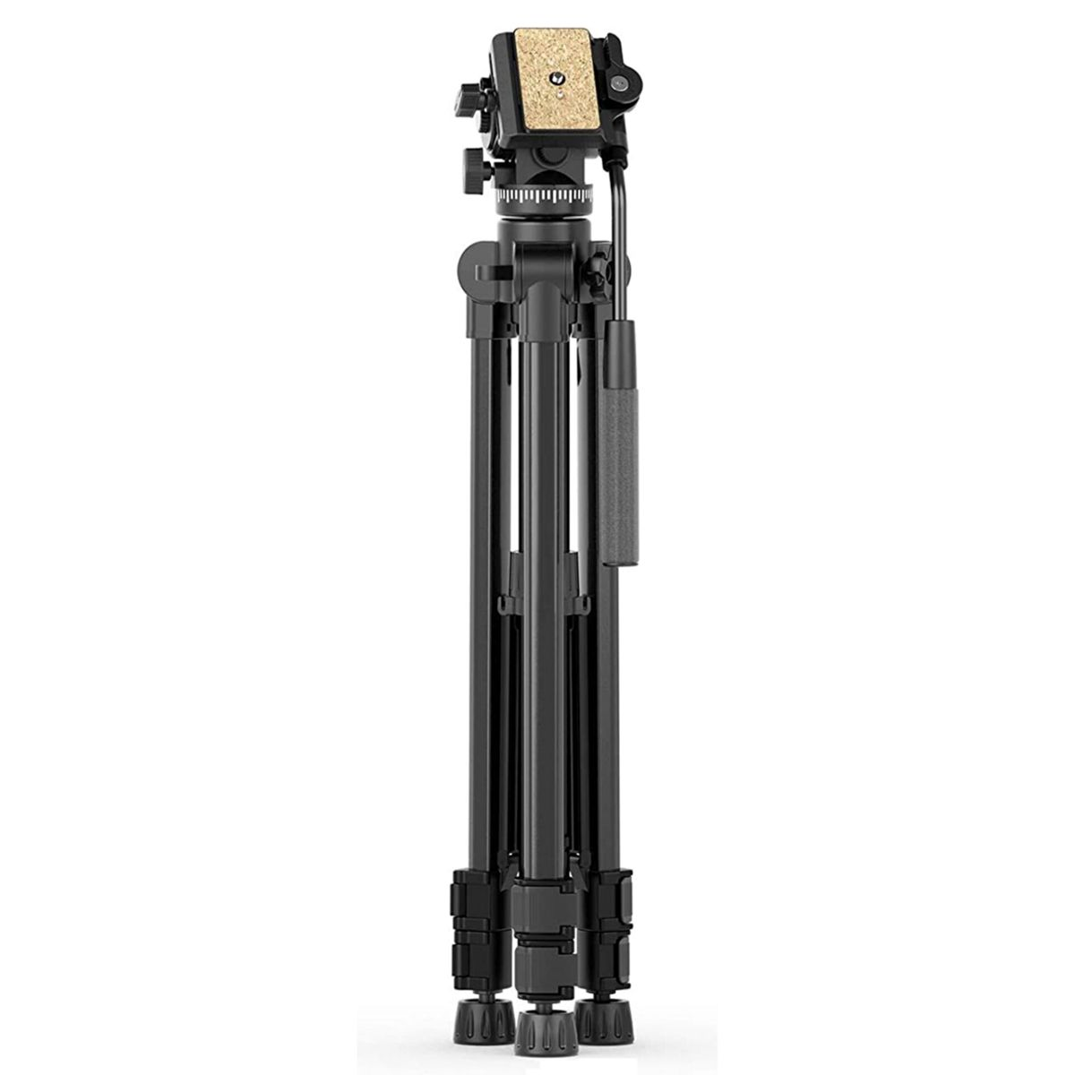 Un treppiede per fotocamera nero con tre gambe e chiusure a morsetto.