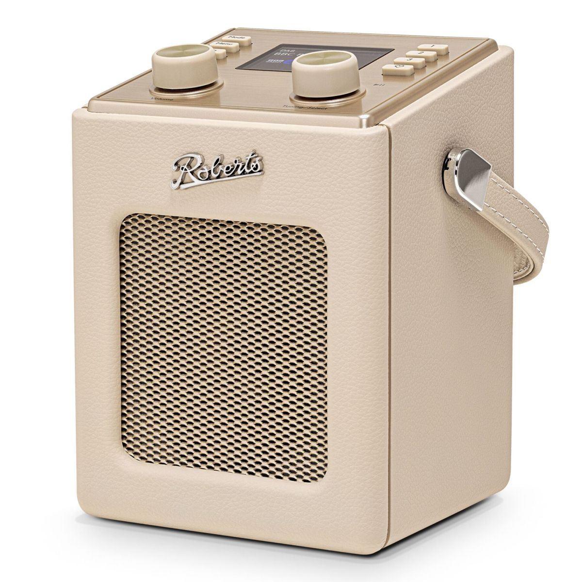 Ein beiger Roberts-Radio mit Lautsprechergrill, Knöpfen und Tragegriff.