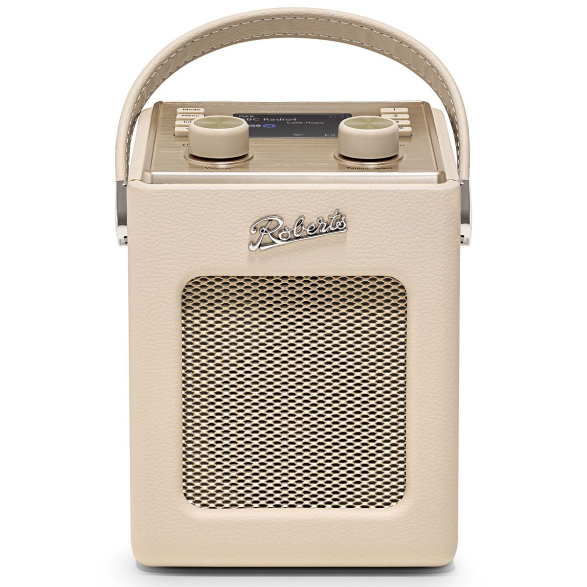 Ein beiger Roberts-Radio mit Ledergriff und Lautsprechergitter.