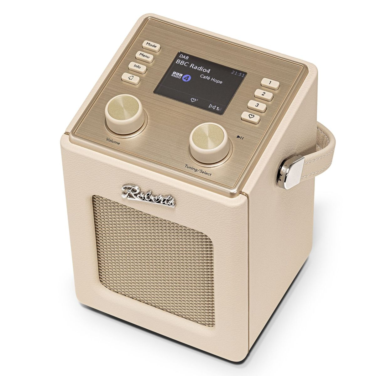 Beigefarbener digitaler Roberts-Radio mit goldener Oberseite und Bildschirm.