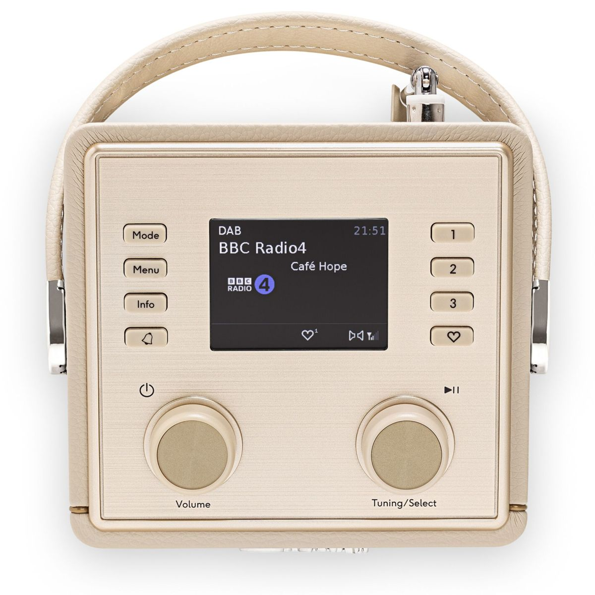 Ein beigefarbener DAB-Radio mit Ledergriff, Bildschirm zeigt BBC Radio 4.
