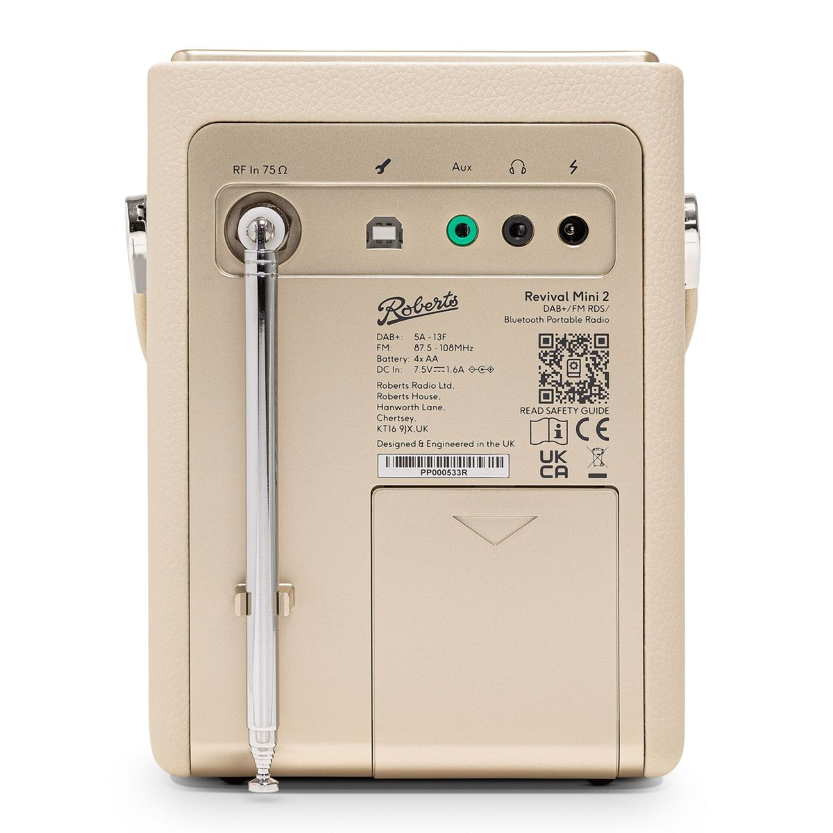 Rückseite eines Roberts Revival Mini 2 Radios in Beige mit Antenne, Anschlüssen und Beschriftung.