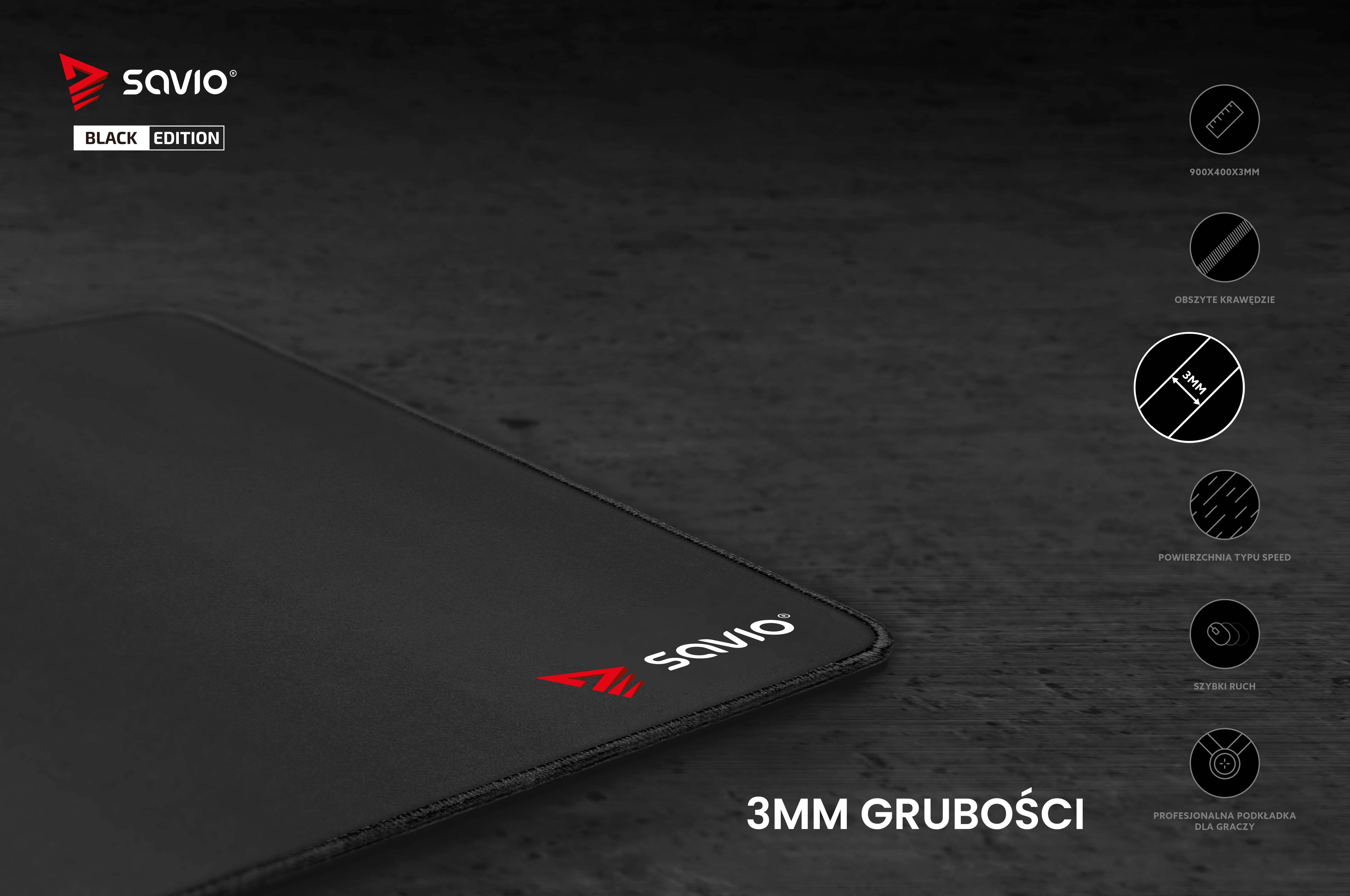 Czarna podkładka pod mysz z logo Savio i napisem "Black Edition".