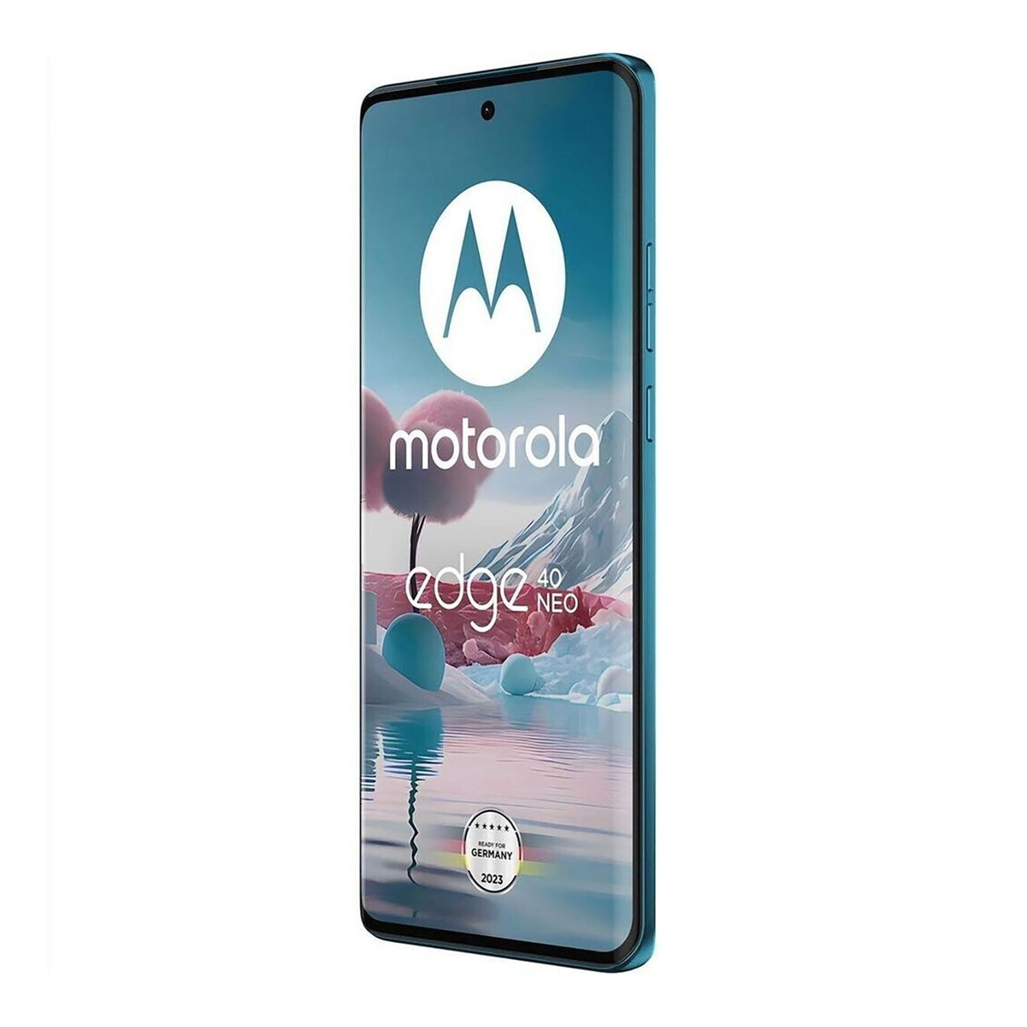 Turkusowy smartfon Motorola Edge 40 Neo z abstrakcyjnym tłem.