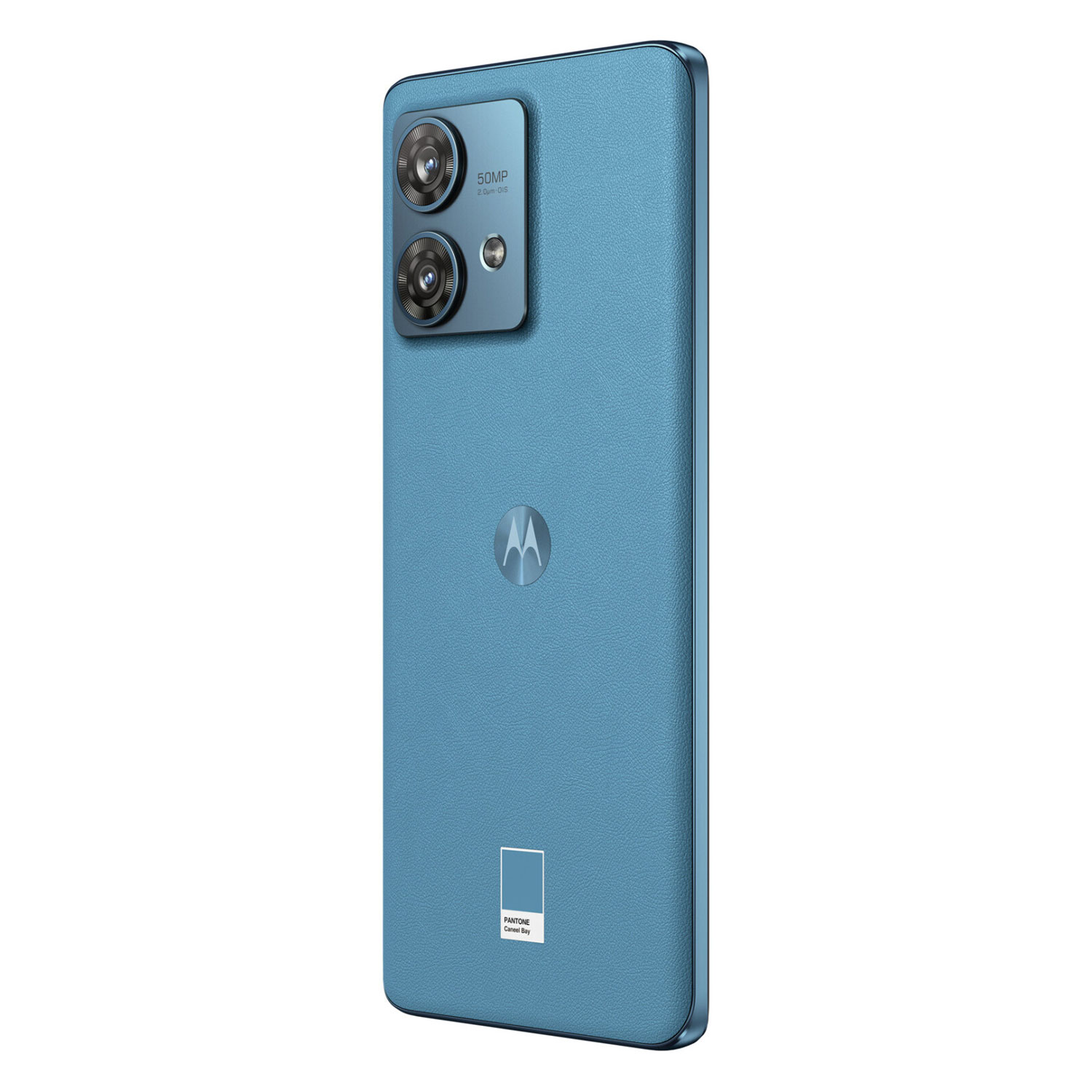 Niebieski smartfon Motorola z podwójnym aparatem i próbką koloru Pantone.