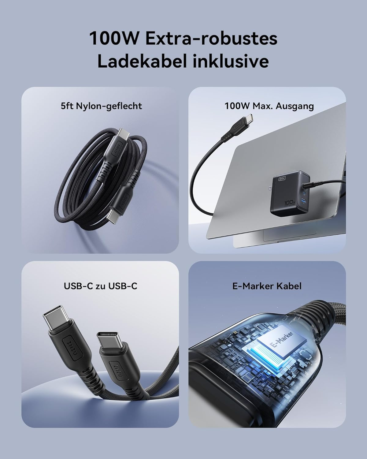 Cztery obrazy pokazują wytrzymały kabel ładujący 100W. U góry po lewej: czarny kabel. U góry po prawej: kabel ładuje laptopa. Na dole po lewej: wtyczki USB-C. Na dole po prawej: chip E-Marker.