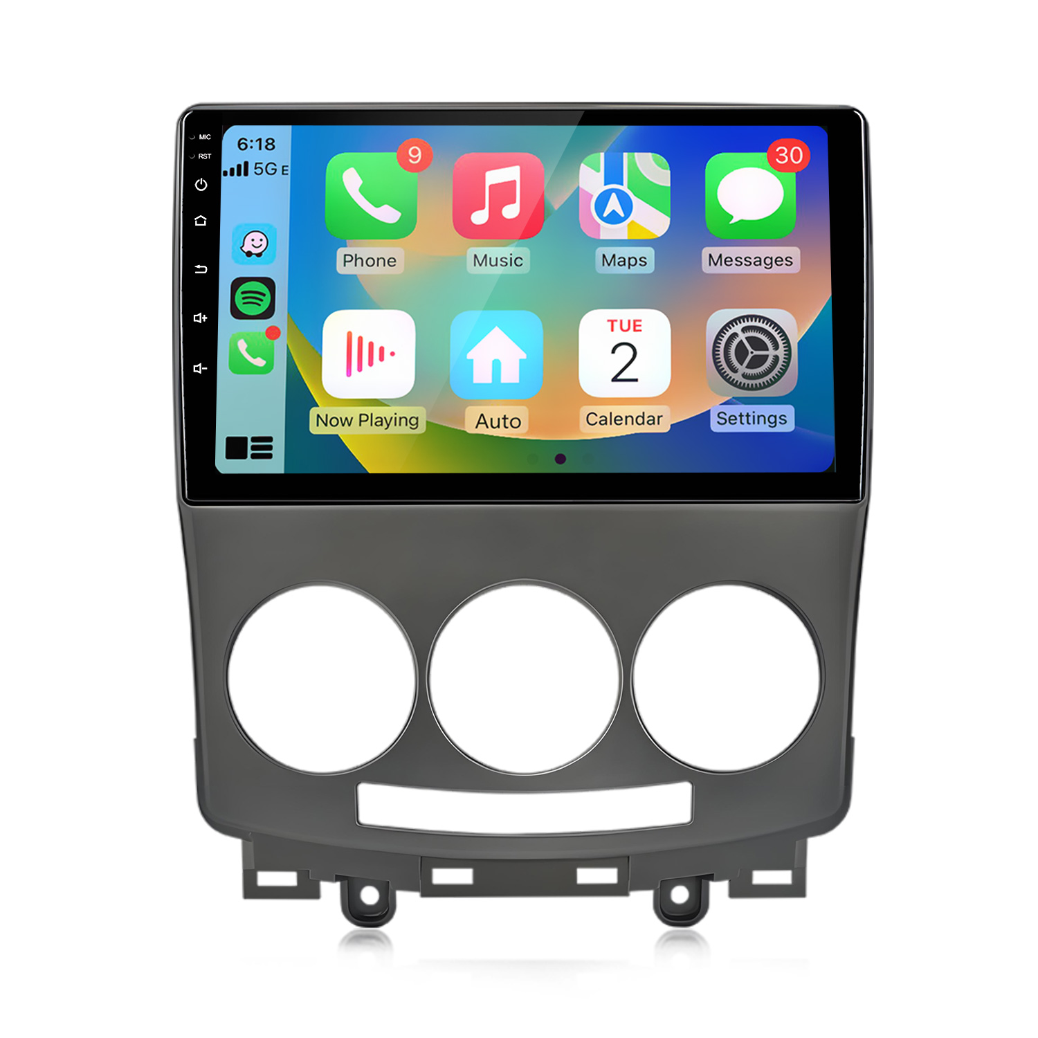 Autoradio-Display mit Apple CarPlay-Symbolen und darunterliegender Mittelkonsole.