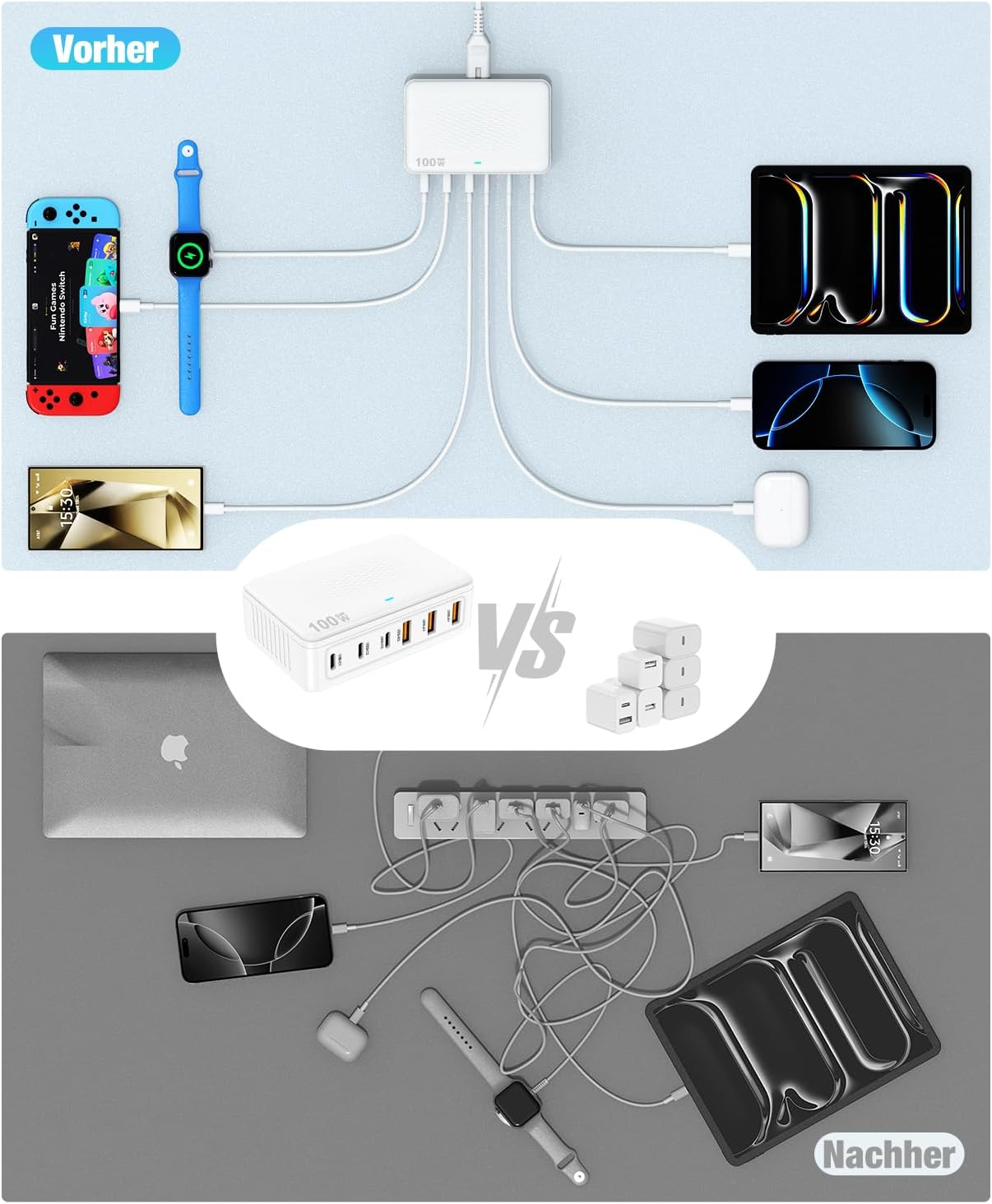 Przed: Ładowarka z konsolą Switch, zegarkiem, telefonem. Po: Listwa zasilająca z bałaganem kabli.