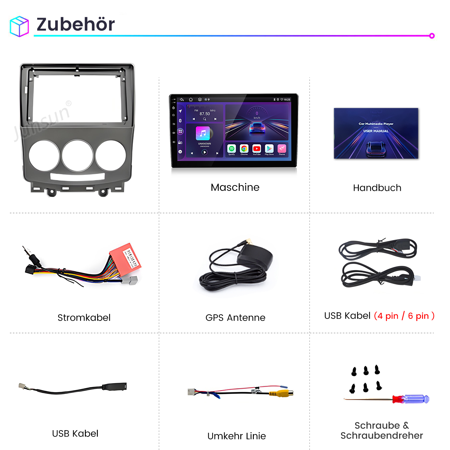 Zubehör: Einbaurahmen, Autoradio, Handbuch, Kabel, Antenne, Schrauben.