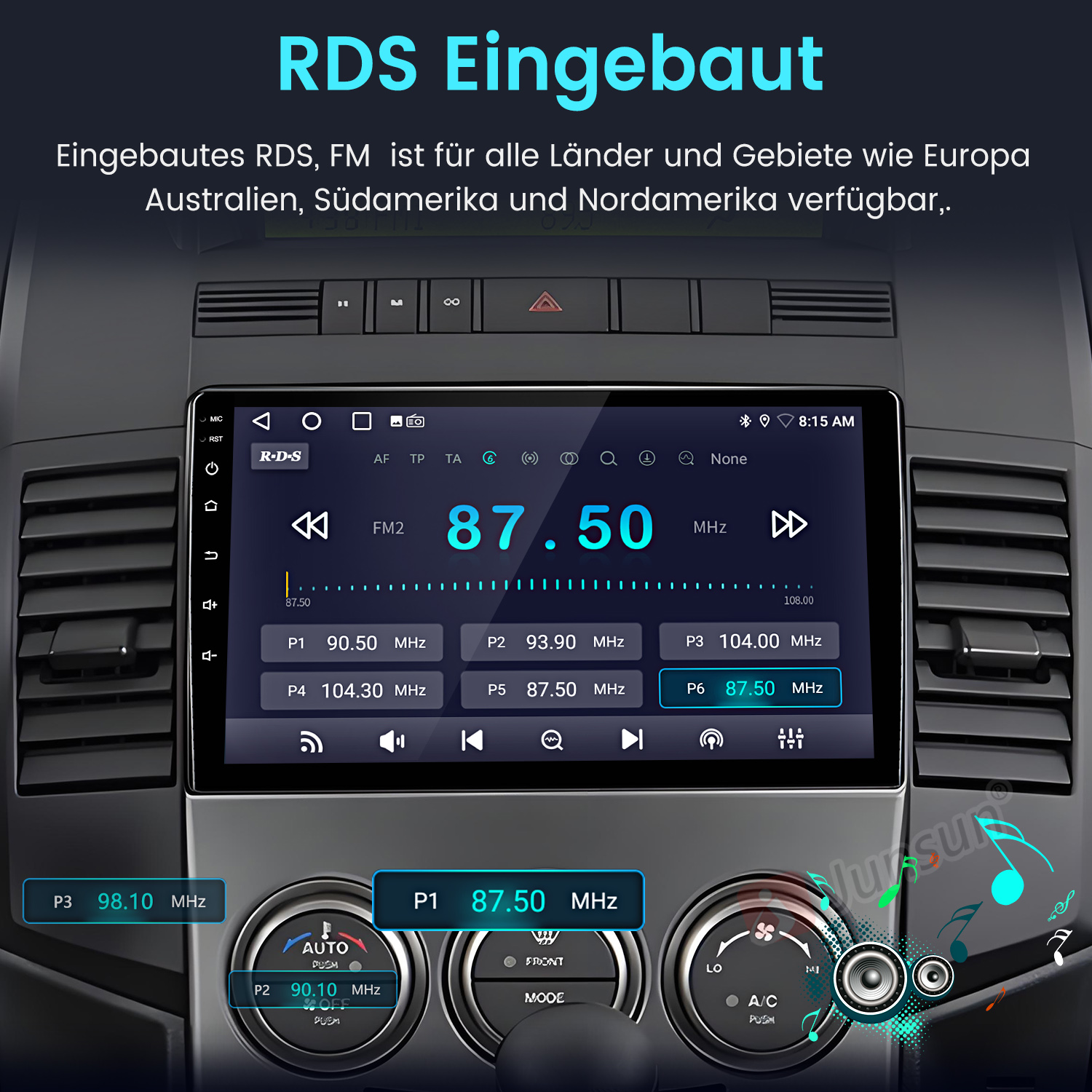 Ein Autoradio mit RDS und FM-Anzeige, zeigt 87.50 MHz an.