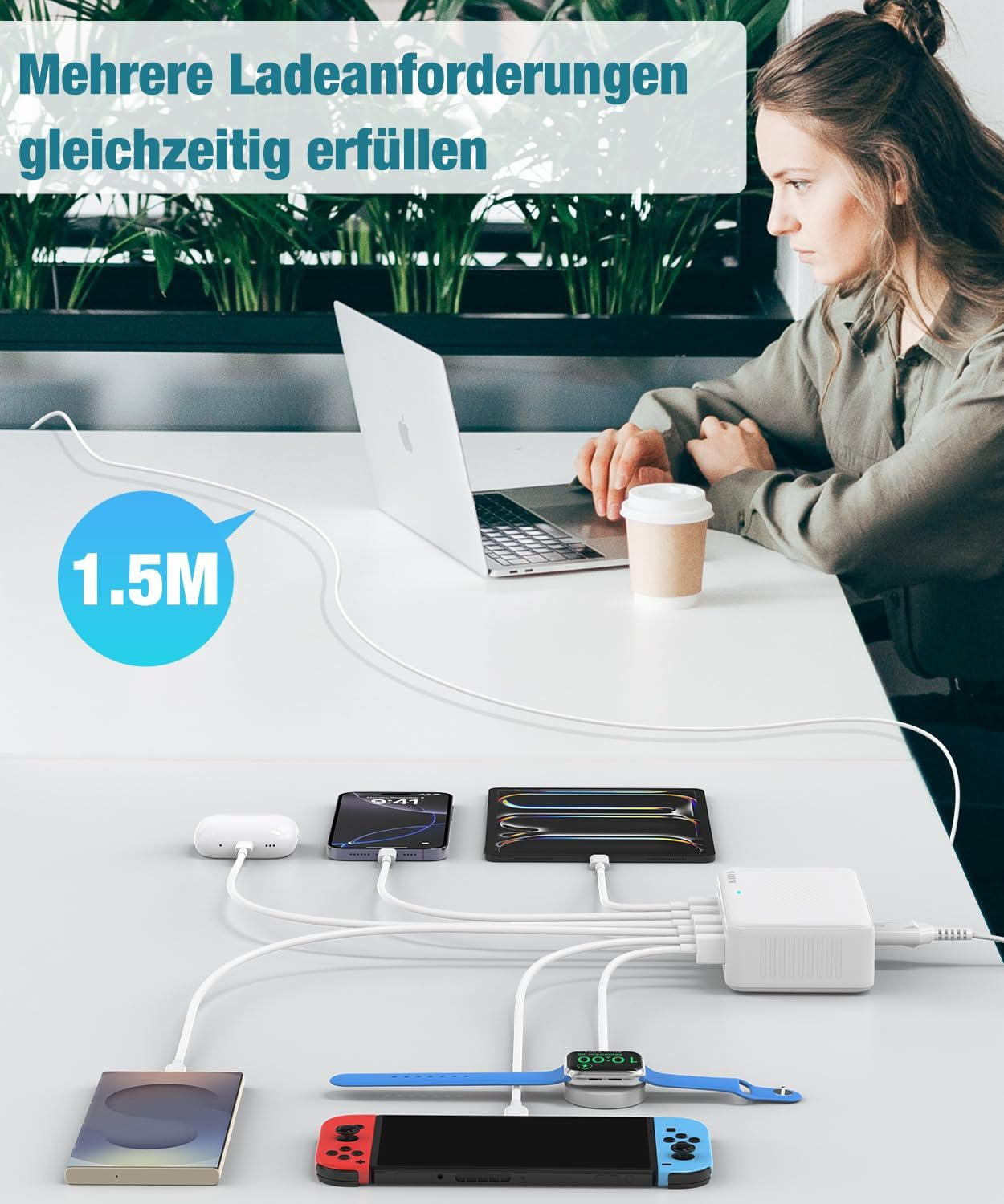 Koncentrator ładowania jednocześnie ładuje smartfon, tablet, smartwatch i urządzenie do gier.