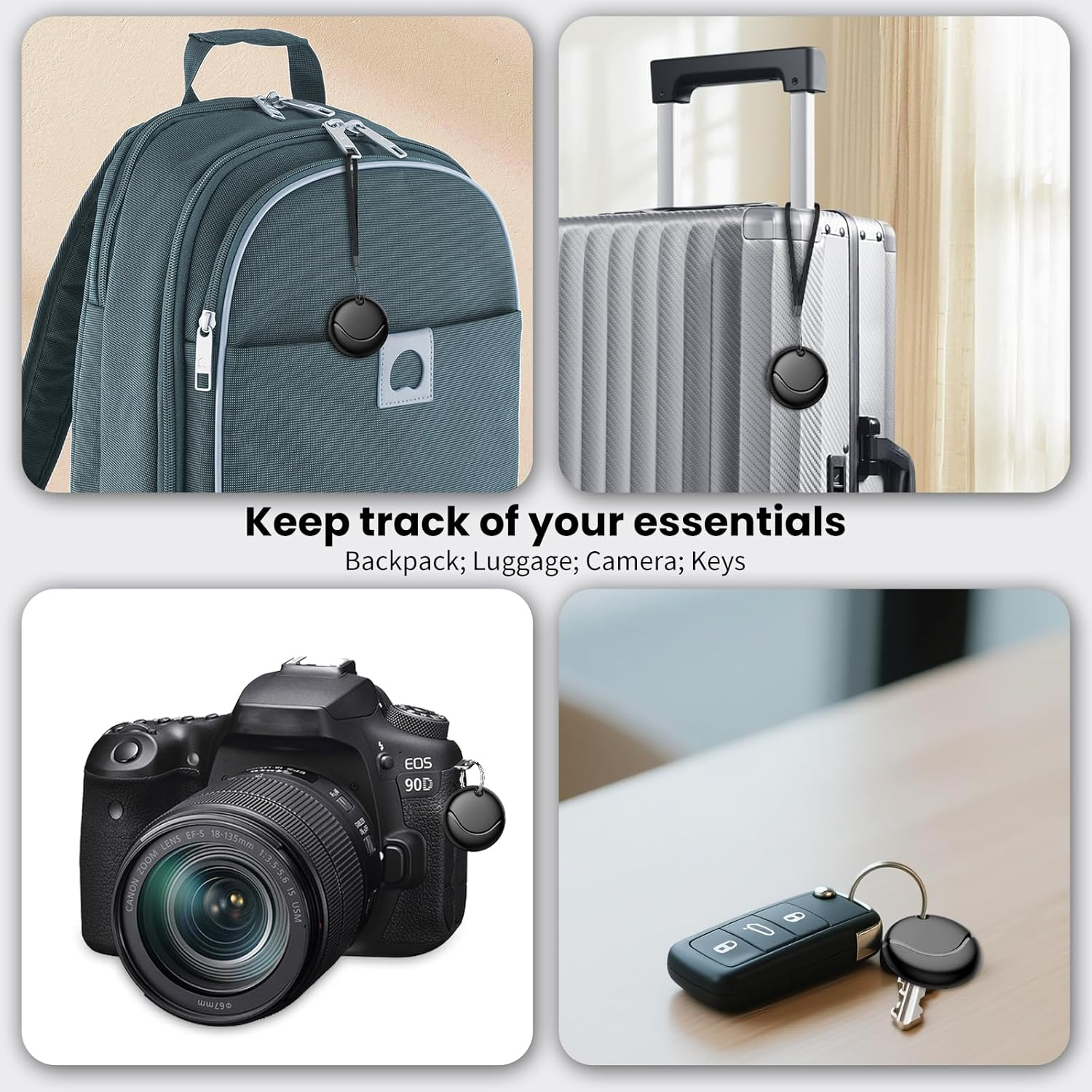 Czarny lokalizator przy plecaku, bagażu, aparacie i kluczach.