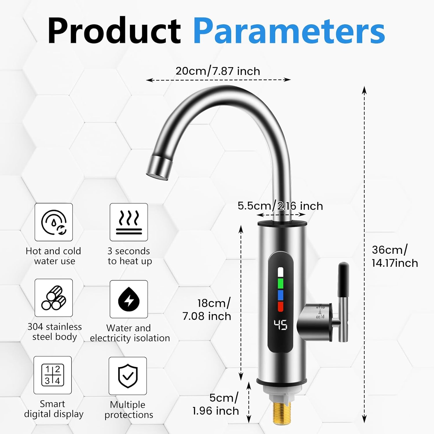 Ein silberner Wasserhahn mit digitalen Parametern, der heißes und kaltes Wasser liefert.