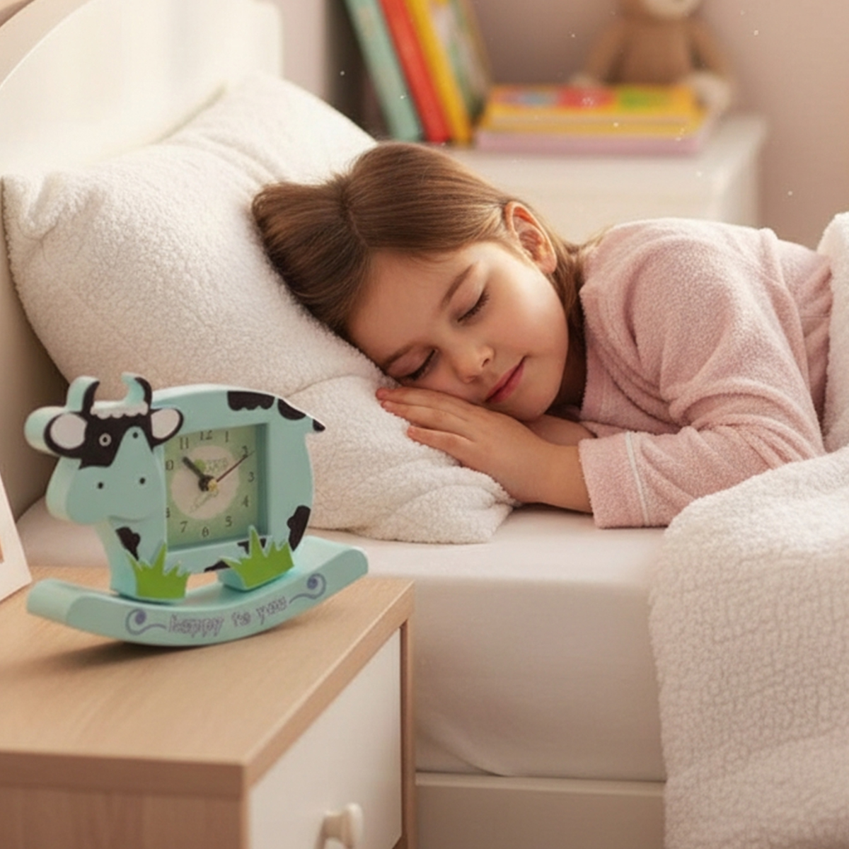 Ein kleines Mädchen schläft friedlich im Bett neben einem Kuhwecker auf dem Nachttisch.