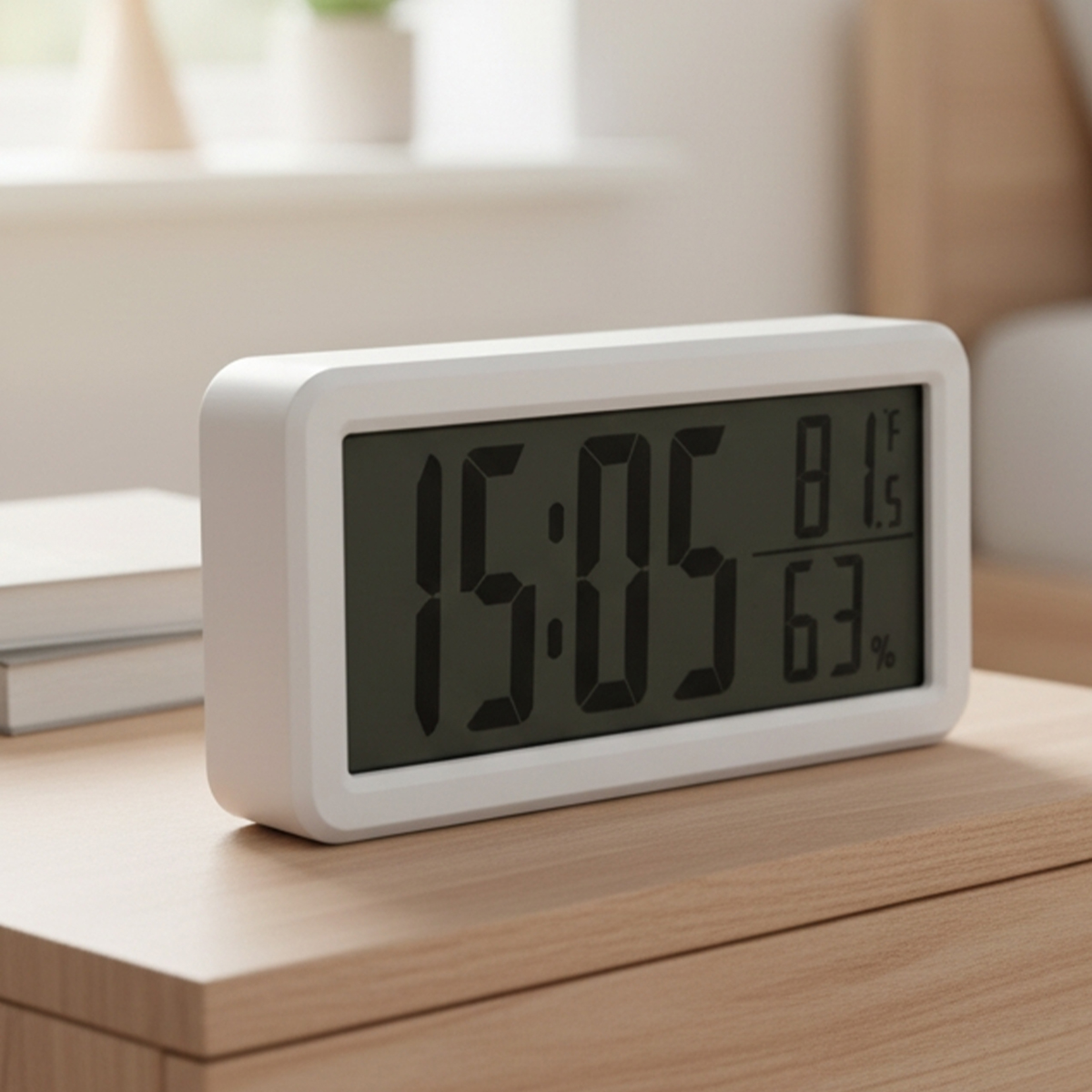 Ein weißer Digitalwecker zeigt 15:05 Uhr, 81°F und 63% Luftfeuchtigkeit.