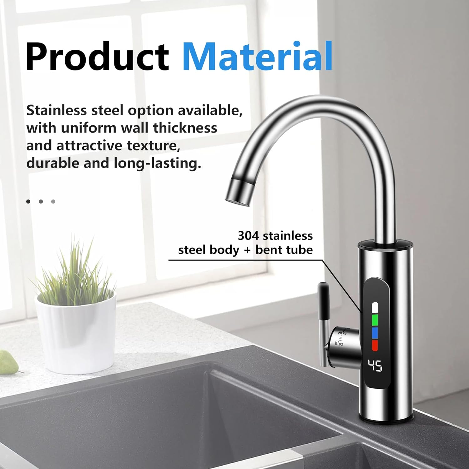 Edelstahlwasserhahn mit digitaler Anzeige und LED-Lichtern.