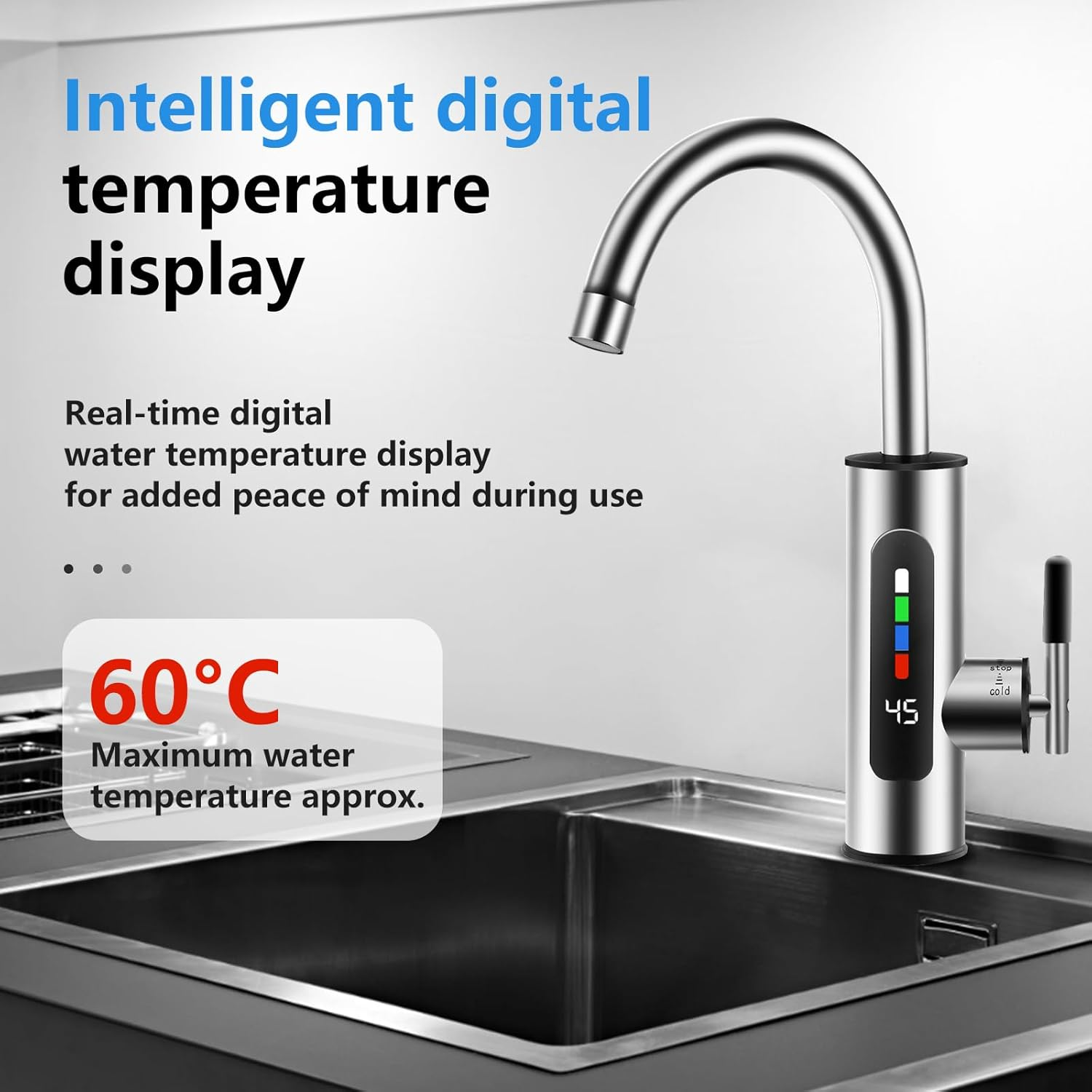 Digitaler Wasserhahn zeigt 45°C mit rotem, grünem und blauem Licht. Max. 60°C.