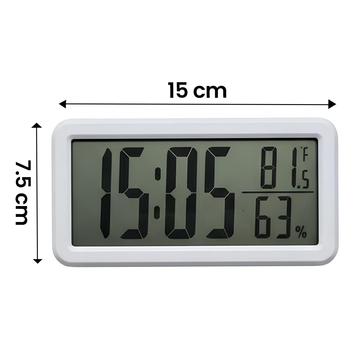 Digitaluhr zeigt 15:05 Uhr, 81 Grad F und 63% Luftfeuchtigkeit.