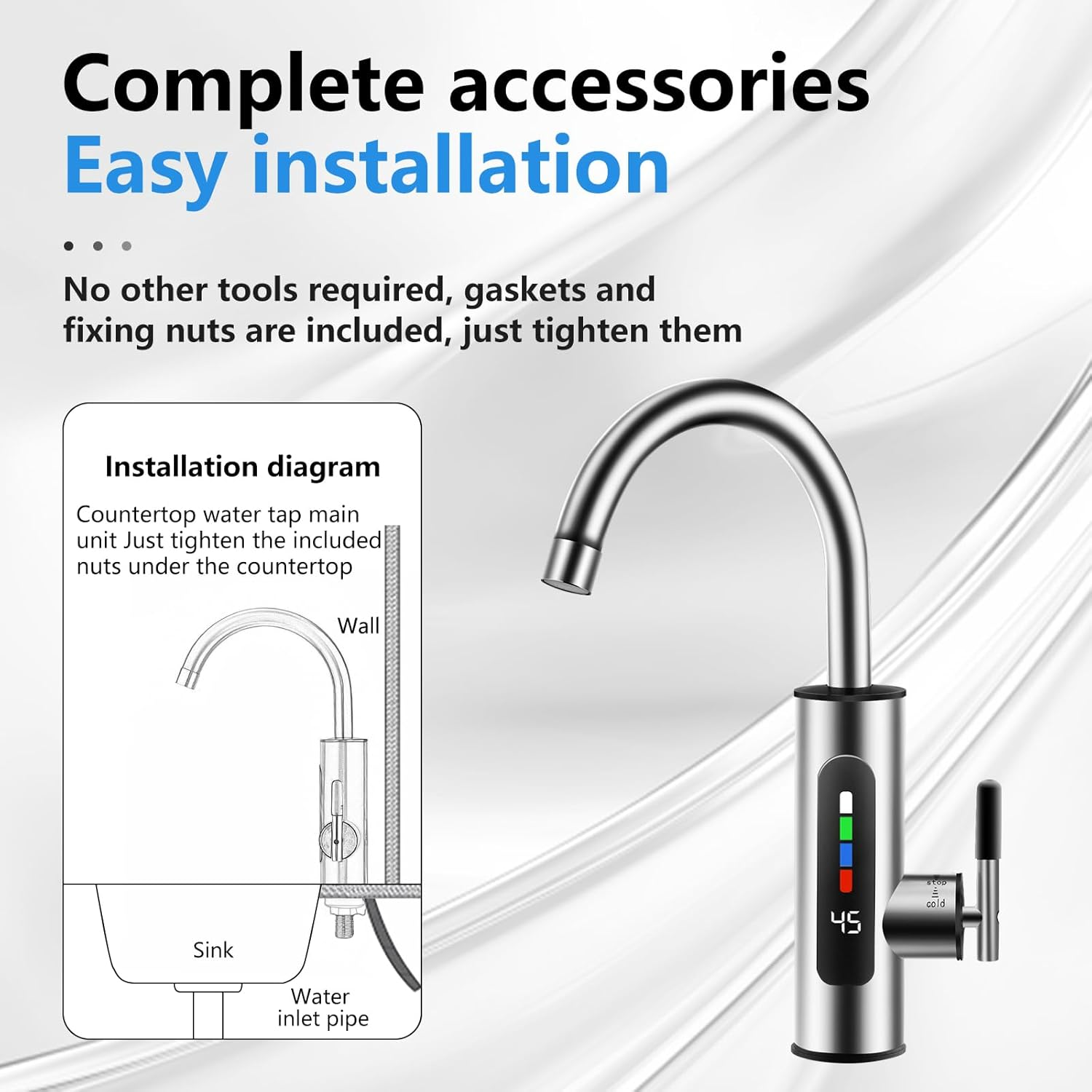 Ein Wasserhahn mit Digitalanzeige und Installationsschema wird gezeigt.