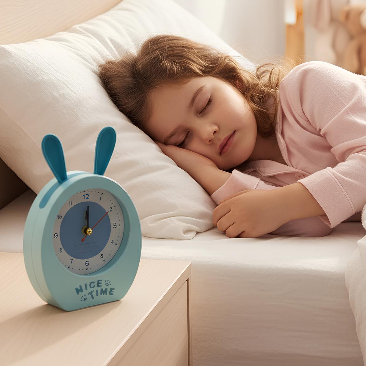 Ein kleines Mädchen schläft im Bett neben einem Hasenwecker.