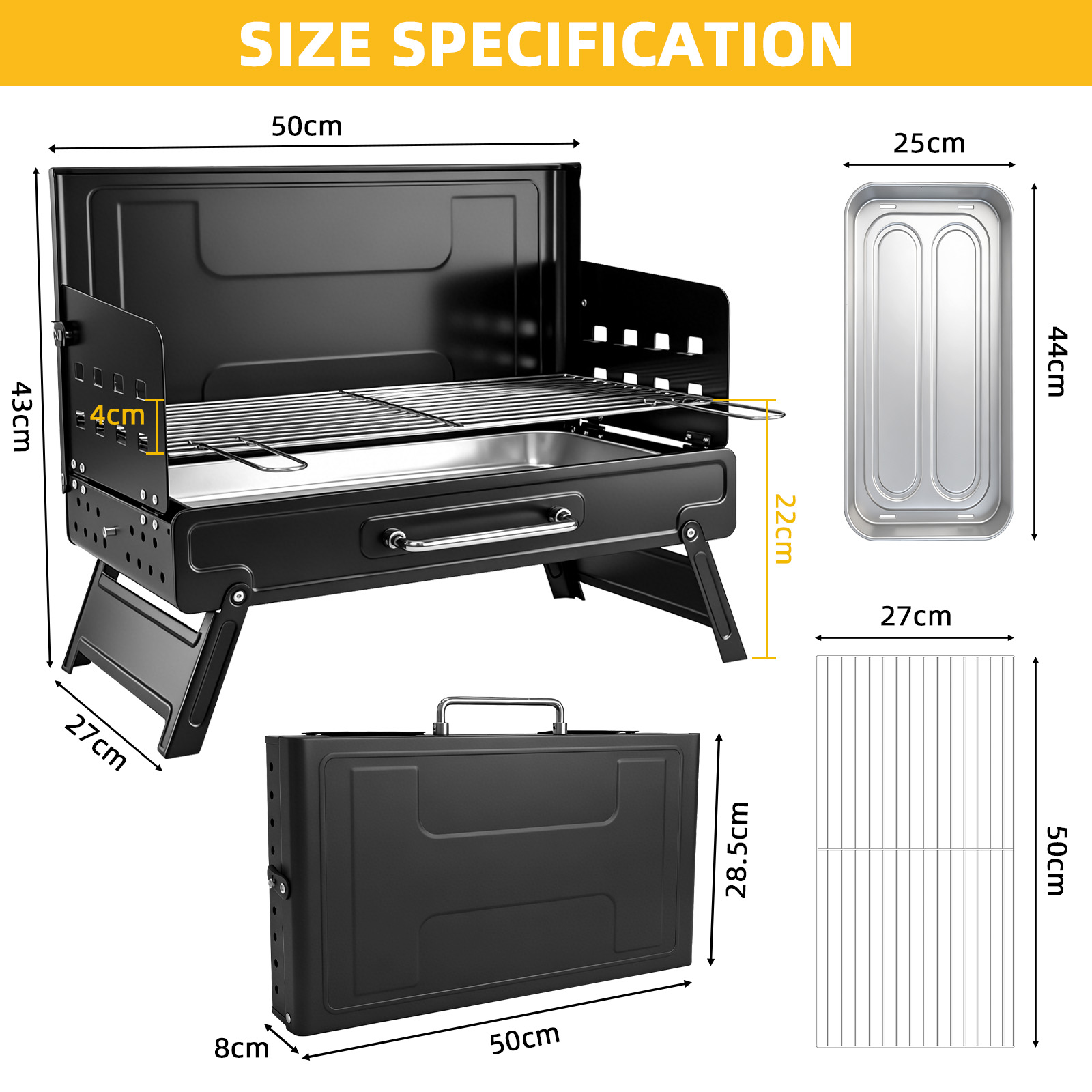 Grill Maße: 50x43x27cm. Zubehör: 25x44cm, 50x27cm, 8x50x28.5cm.