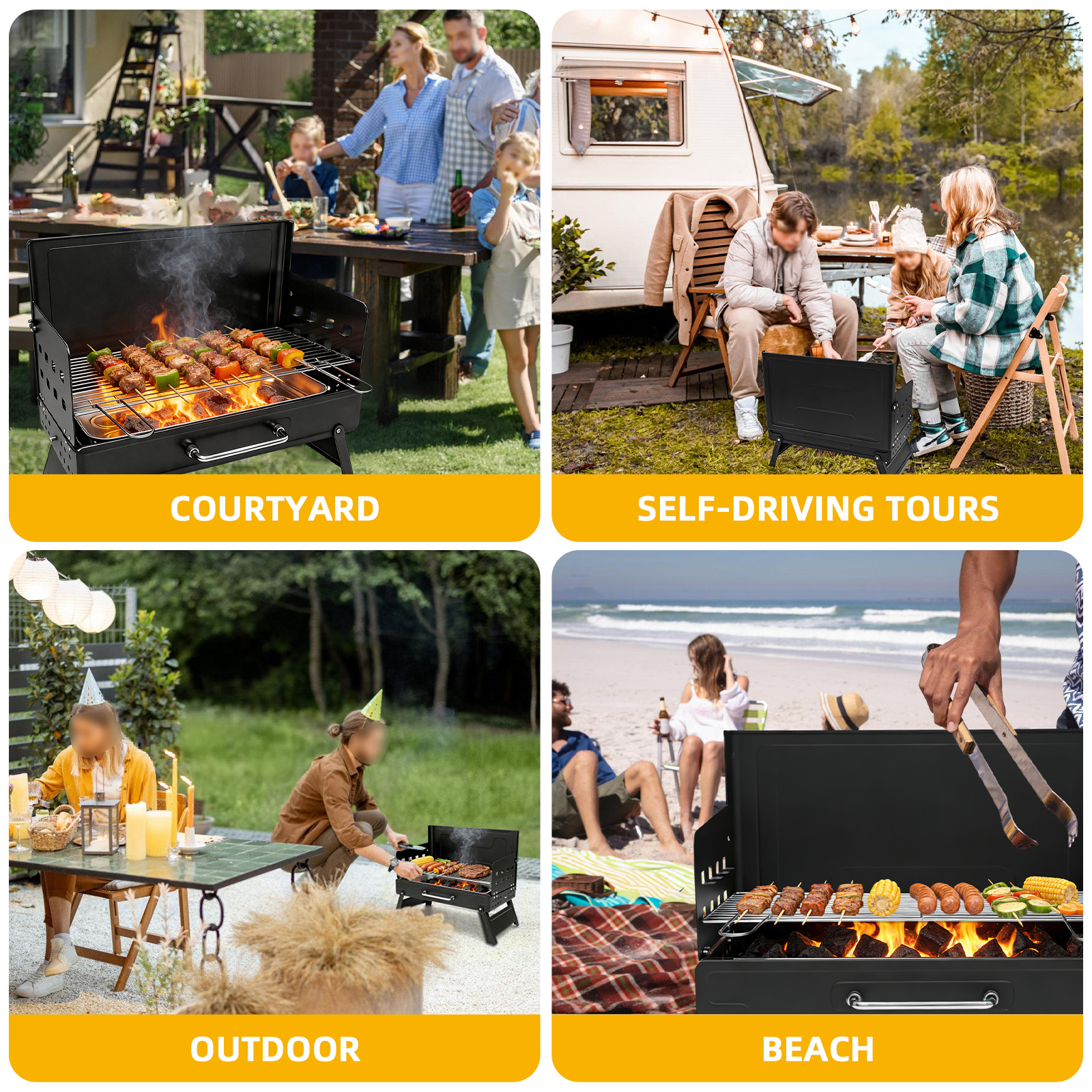 Grillt auf einem Hof, beim Campen, im Freien und am Strand.