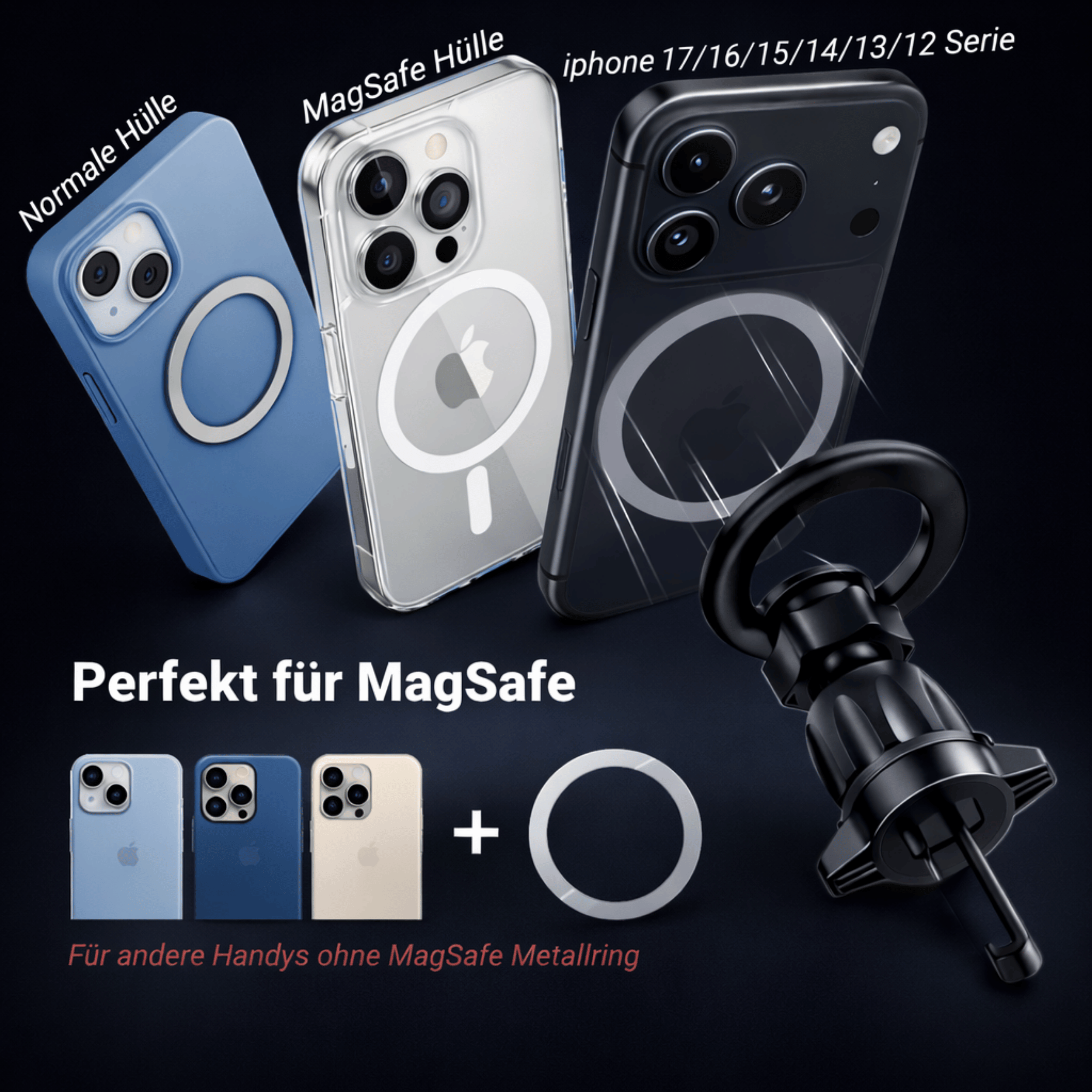 Drei iPhones mit Hüllen, eine Magnethalterung und ein Metallring auf schwarzem Grund.