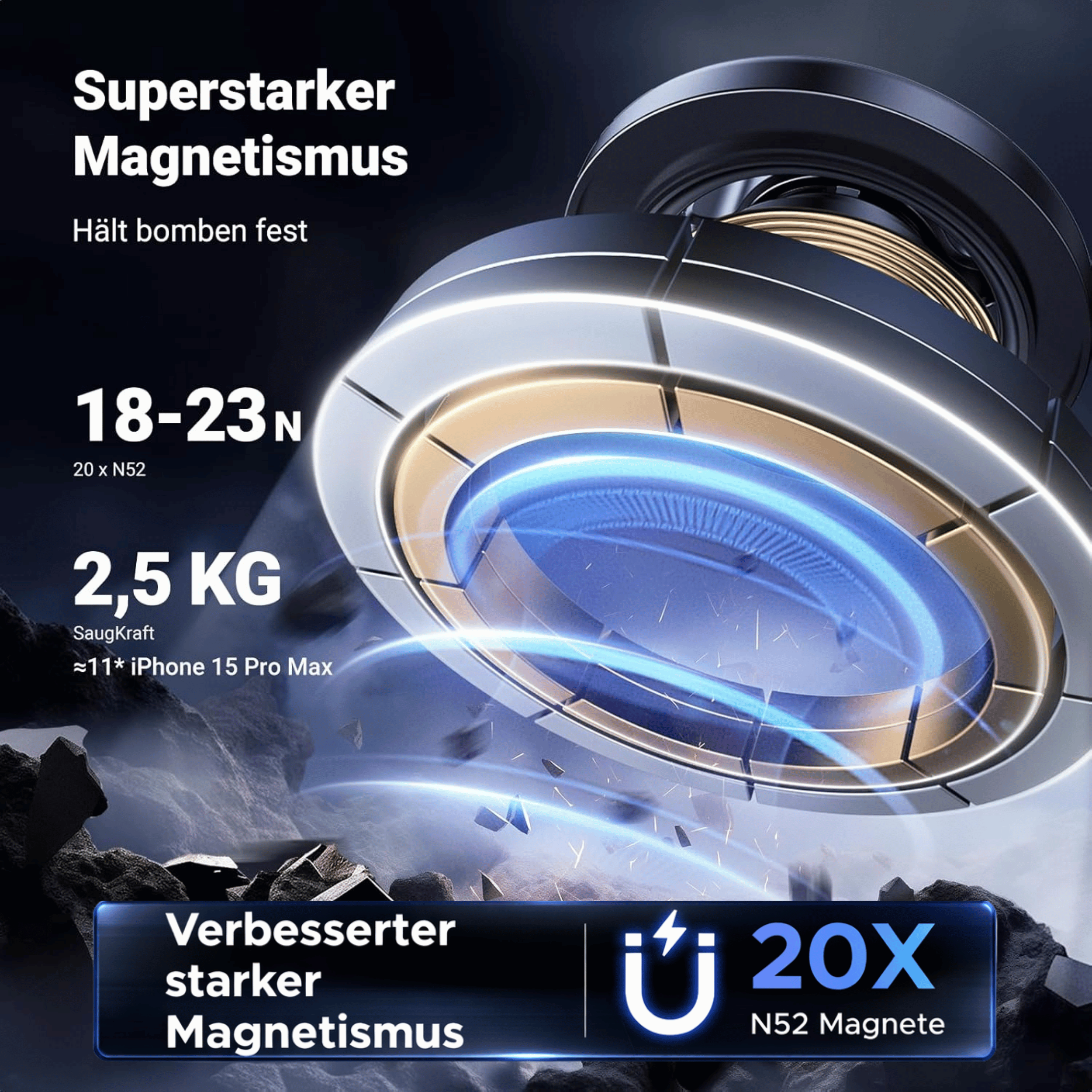 Starker Magnetismus mit 18-23N Kraft, hält 2,5 KG. 20x N52 Magnete.