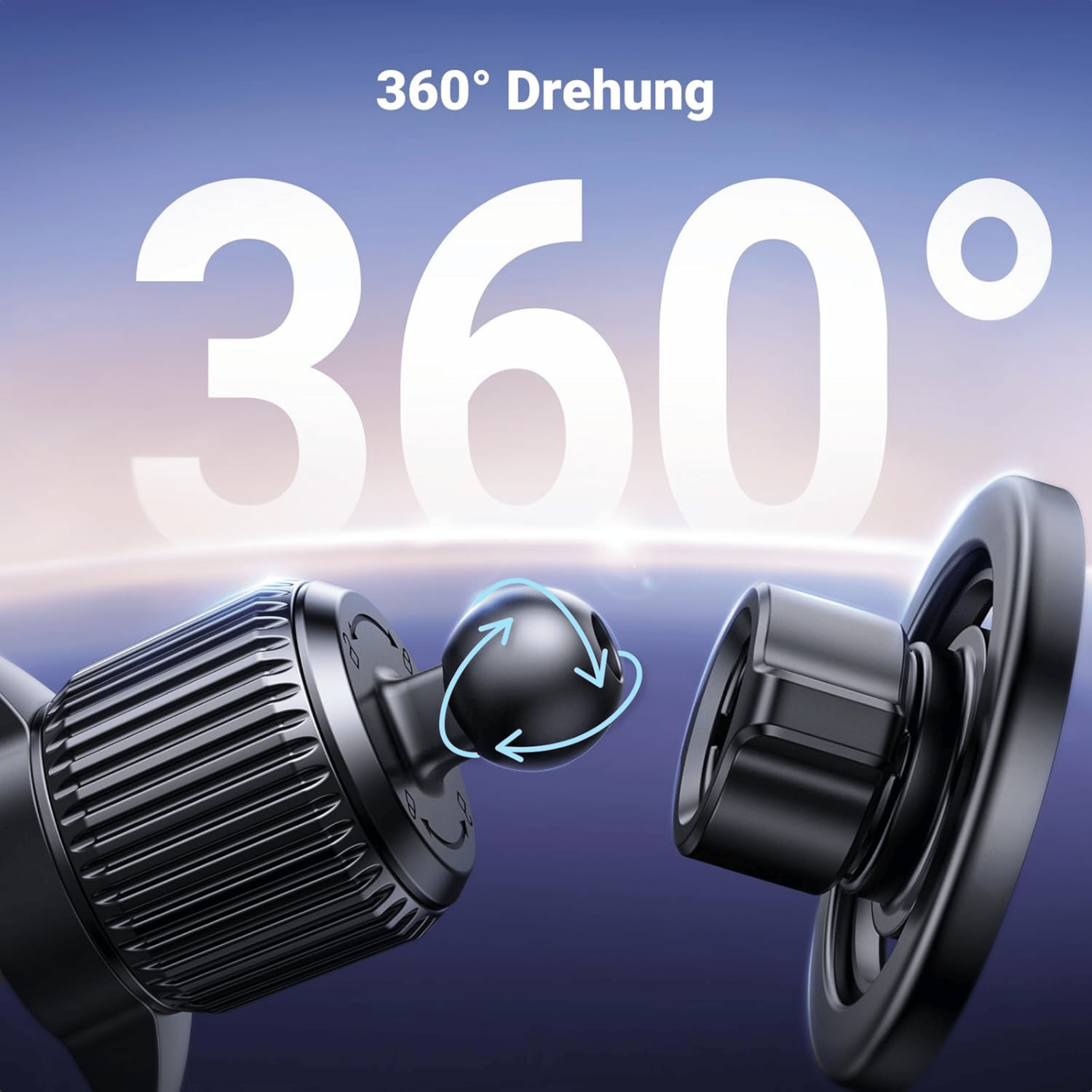 Nahaufnahme eines schwarzen Kugelgelenks mit blauen Pfeilen, die 360-Grad-Drehung anzeigen.