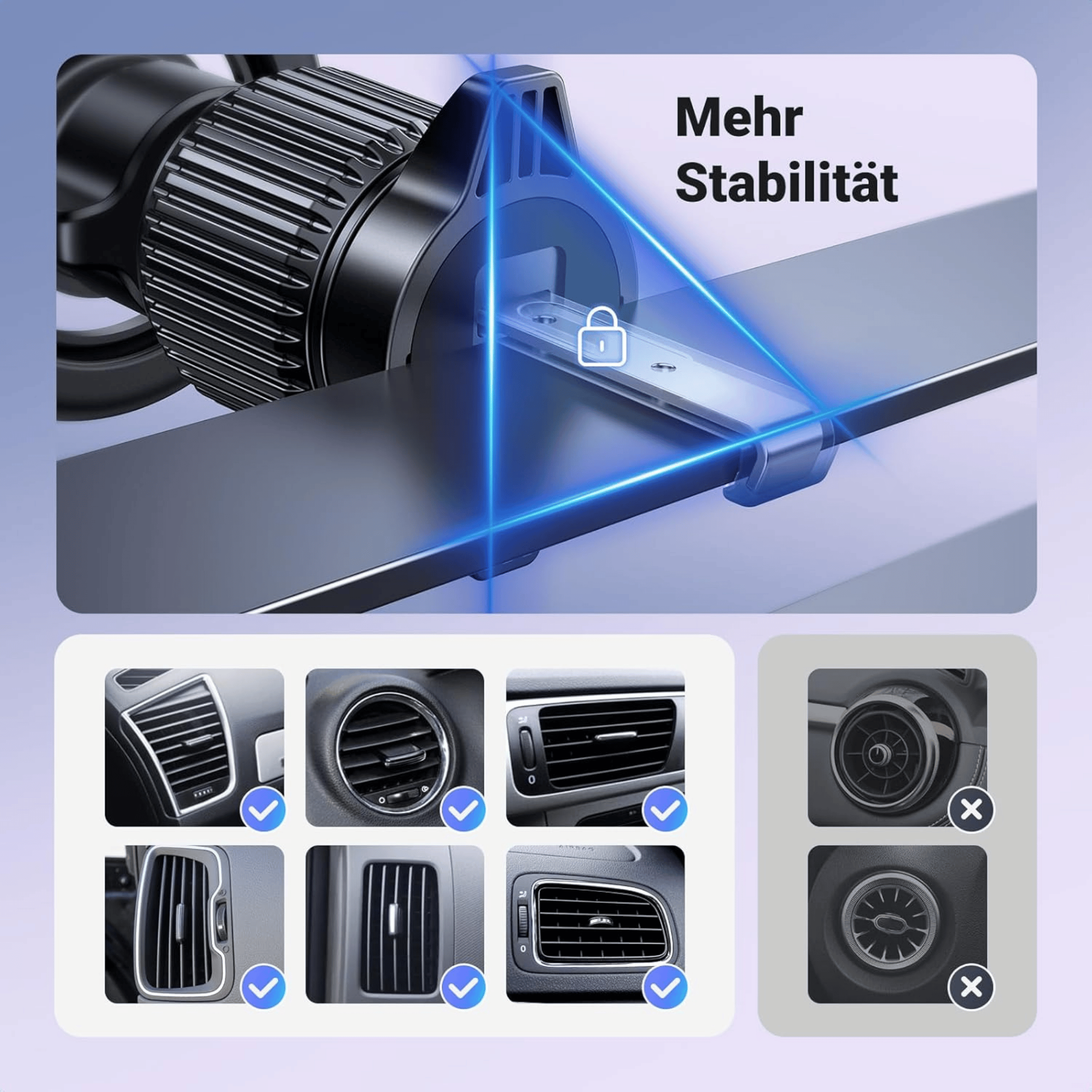 Autoluftauslässe mit silbernen Akzenten und blauen Hervorhebungen. Mehr Stabilität.