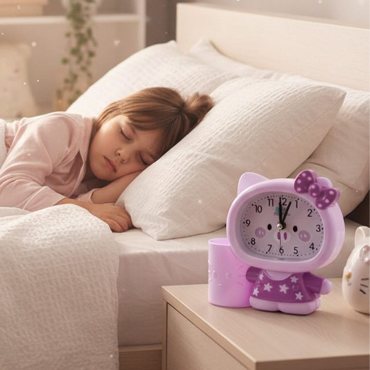 Ein kleines Mädchen schläft im Bett neben einem rosa Wecker im Katzen-Design.