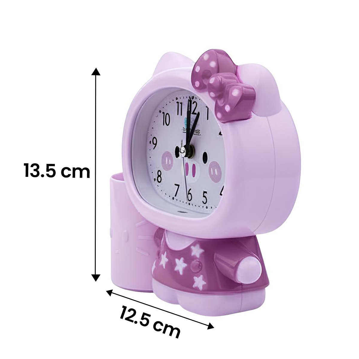 Ein lavendelfarbener Wecker in Form von Hello Kitty mit einer Schleife.