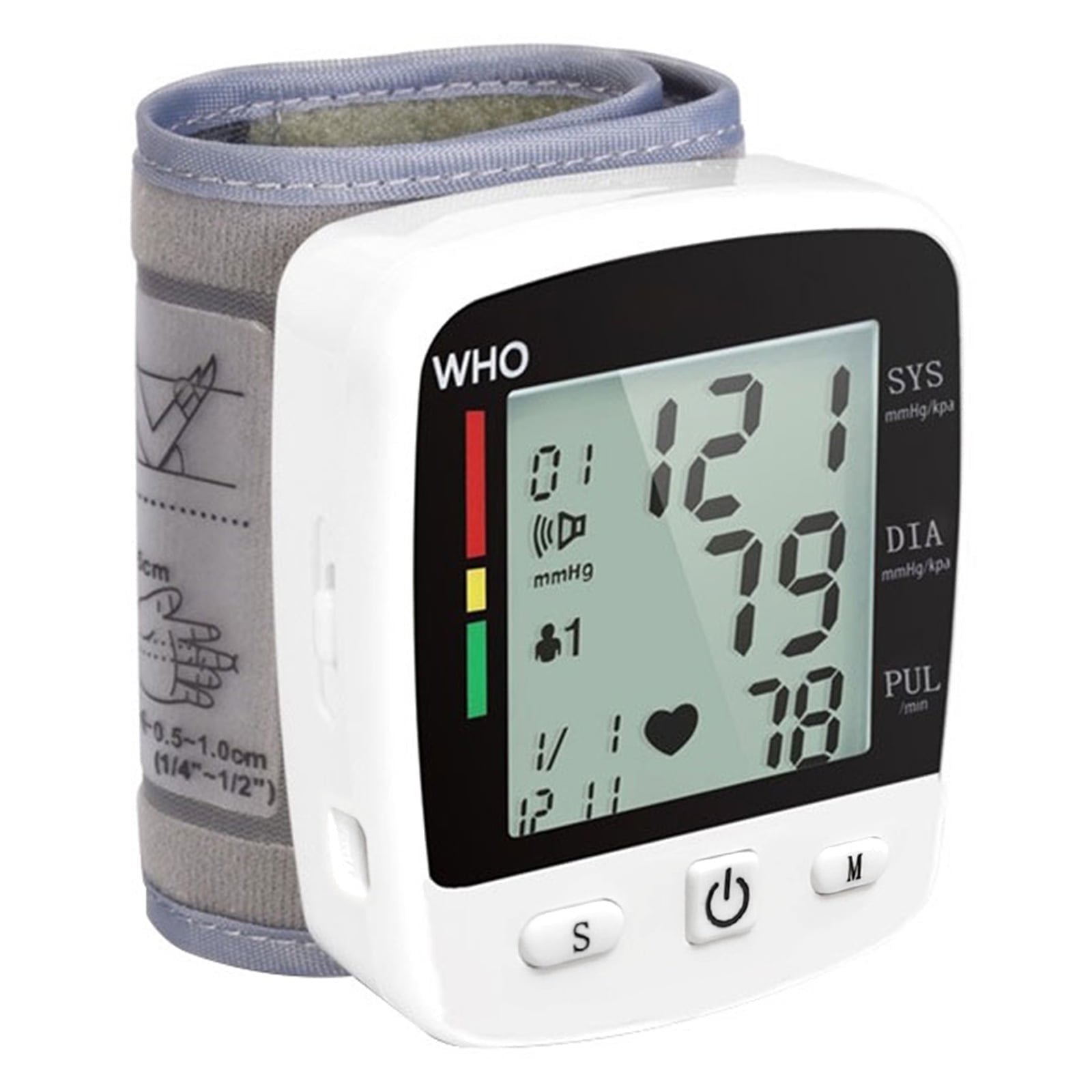 Ein weißes WHO Digital-Blutdruckmessgerät mit grauem Manschette zeigt 121/79 mmHg und 78 Schläge/Min.
