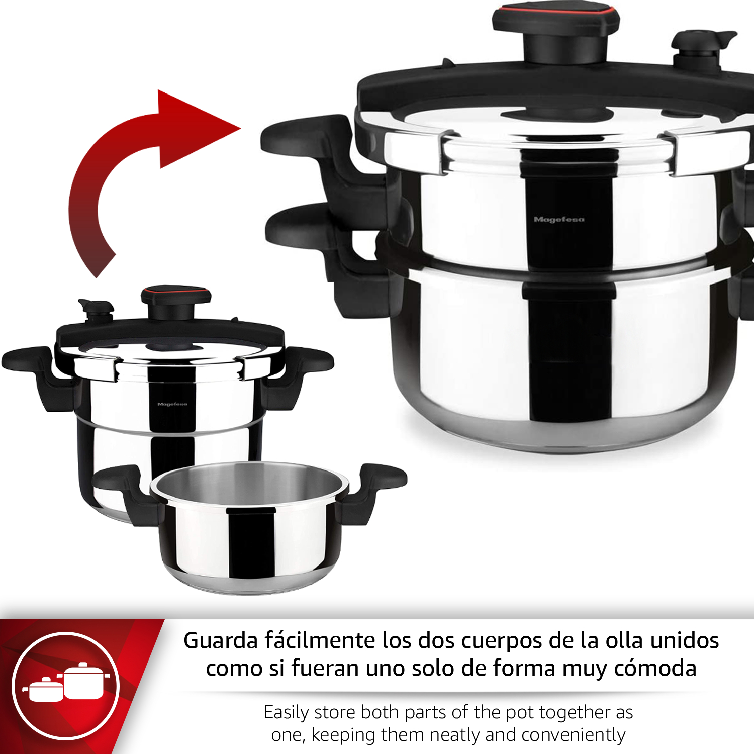 Ollas a presión de acero inoxidable y una olla apiladas. Una flecha indica apilamiento.