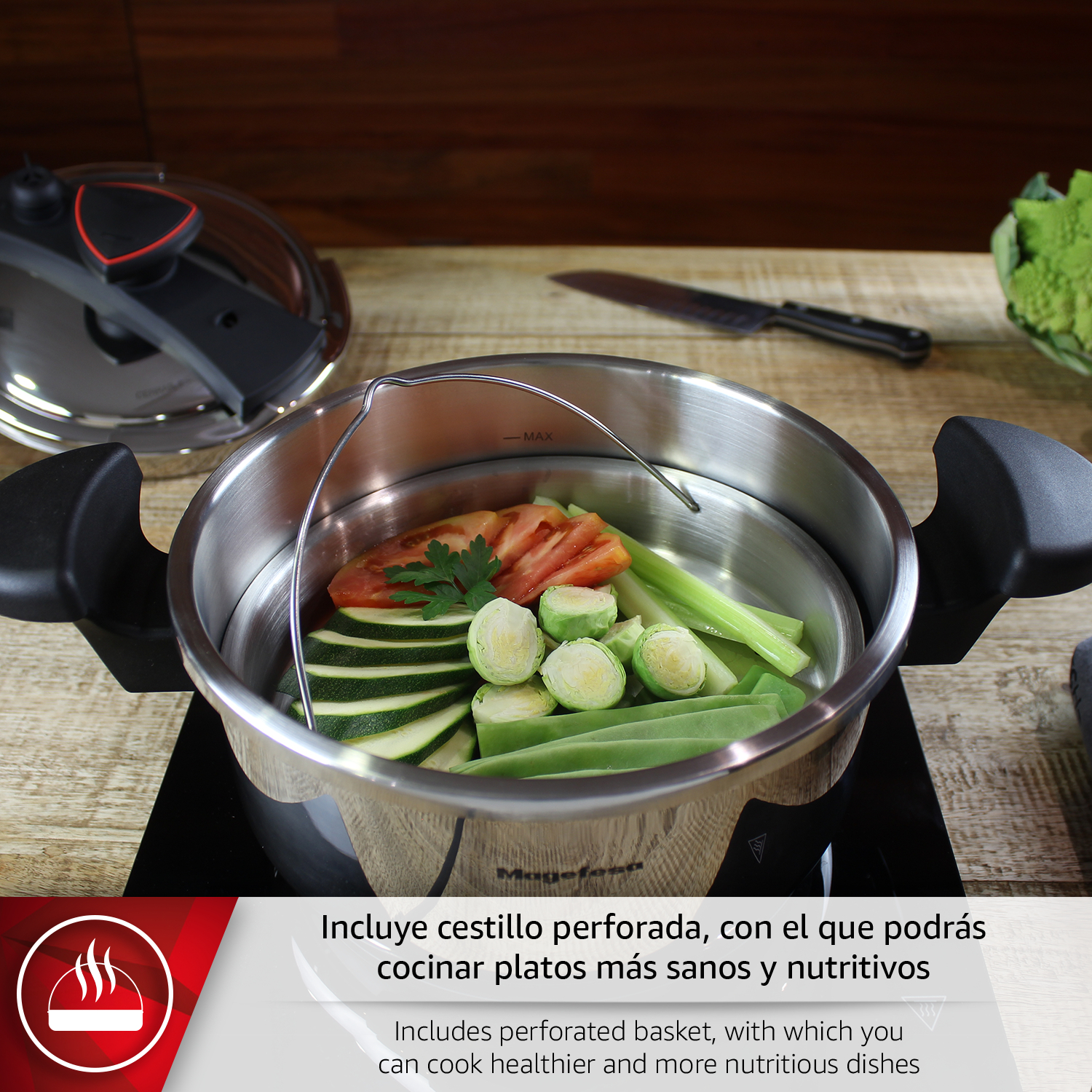 Una olla a presión con verduras como calabacín, tomate y coles de Bruselas.