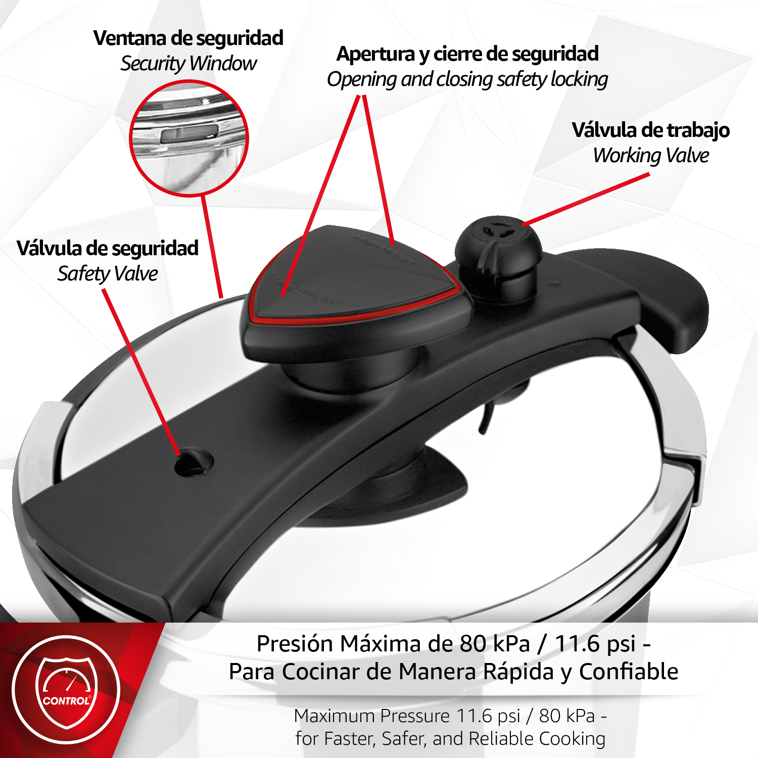 Primer plano de la tapa de una olla a presión, mostrando válvulas de seguridad y trabajo.