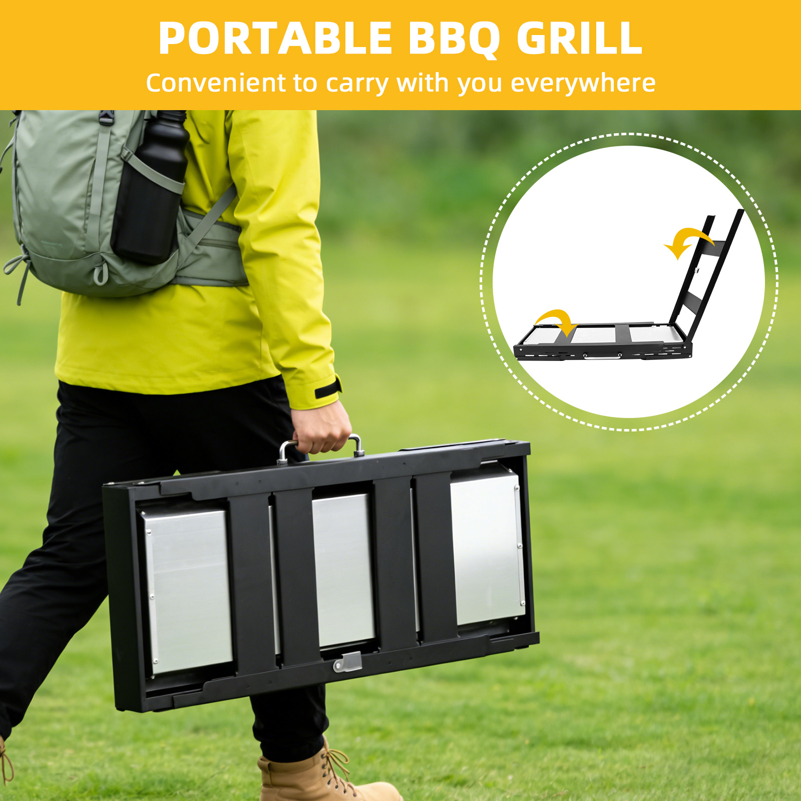Person trägt einen zusammenklappbaren Grill mit Rucksack im Freien.
