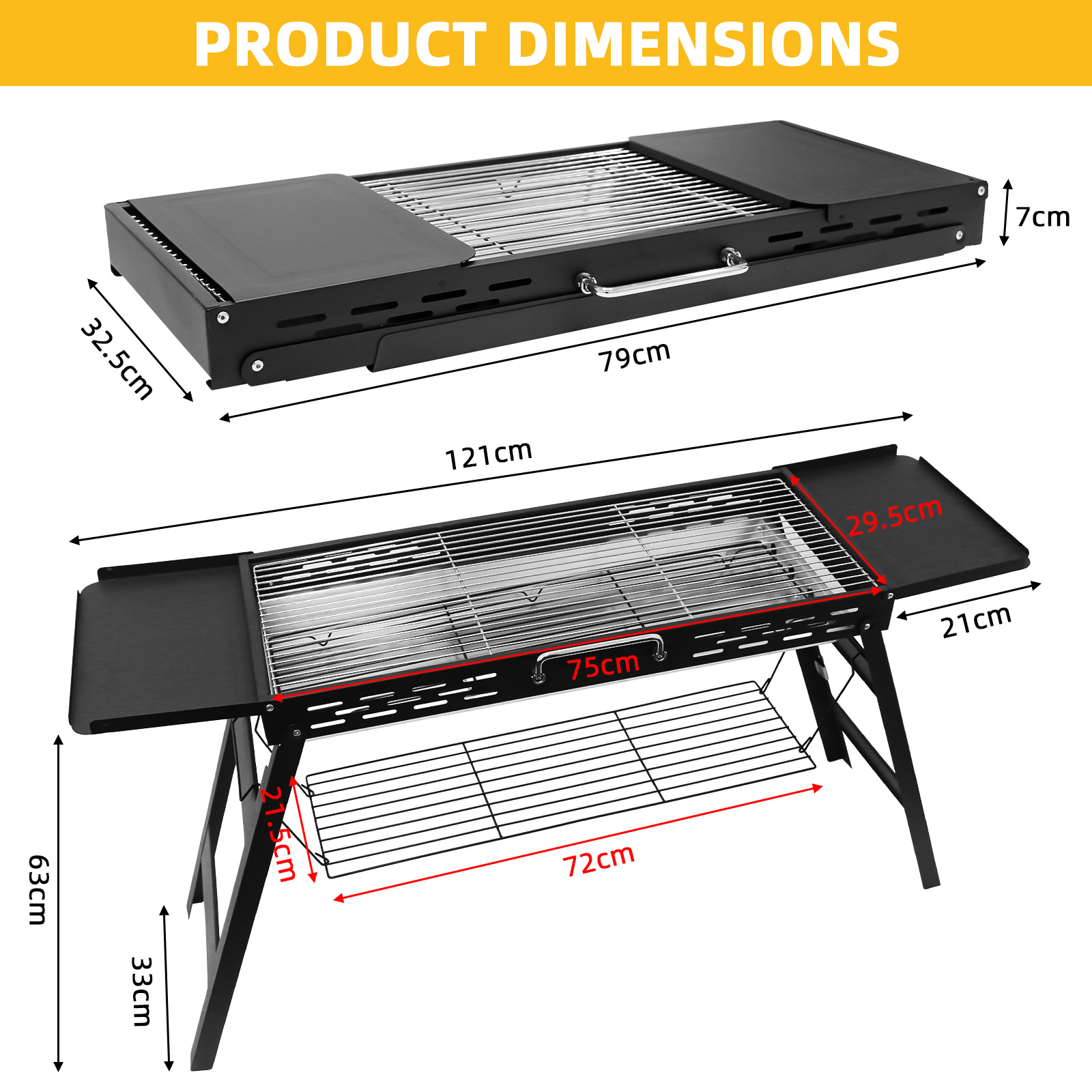 Schwarzer Grill mit Maßen: 121cm L, 63cm H, 32.5cm B. Mit Ablagen.