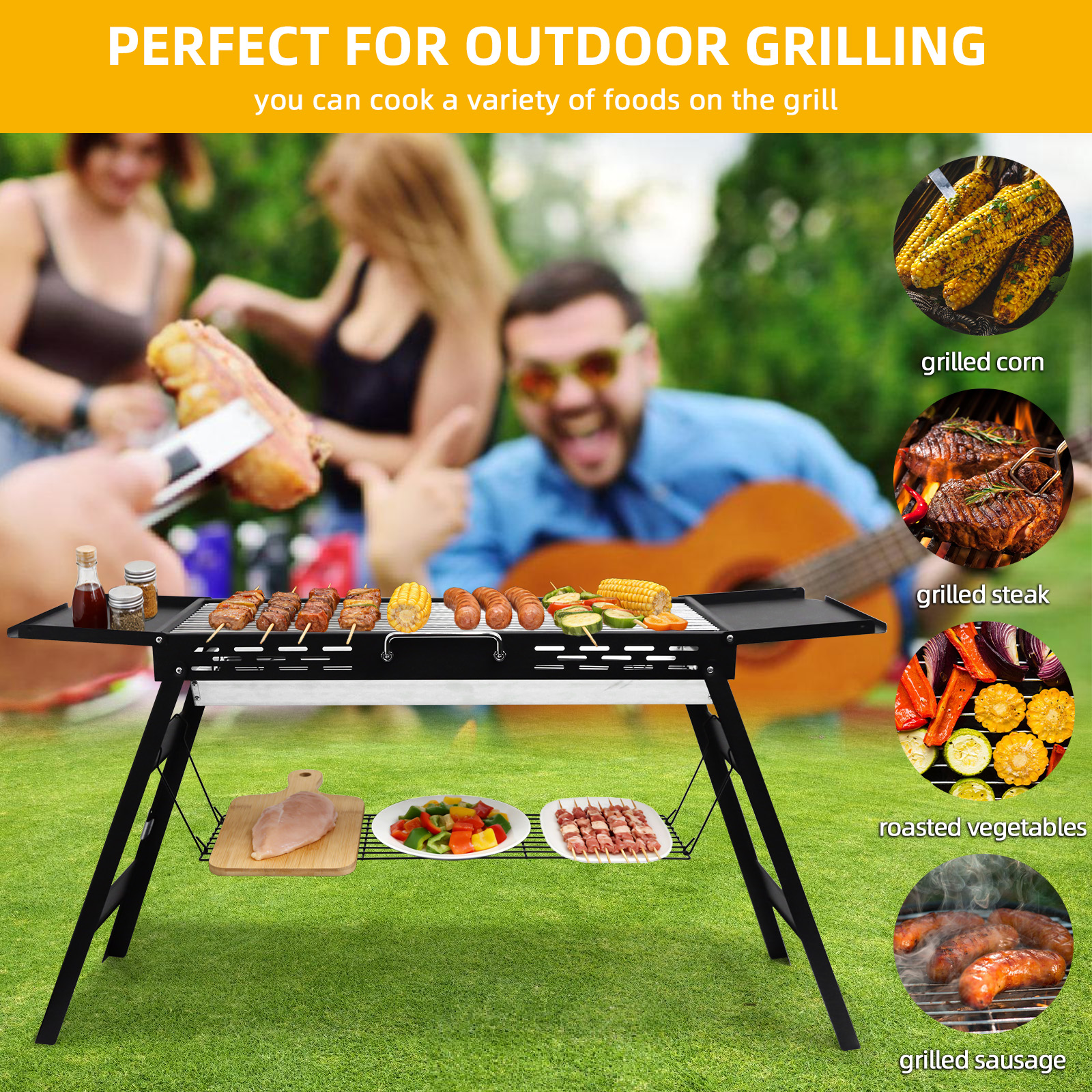 Grill mit Essen im Freien: Hähnchen, Spieße, Würstchen, Mais und Gemüse.