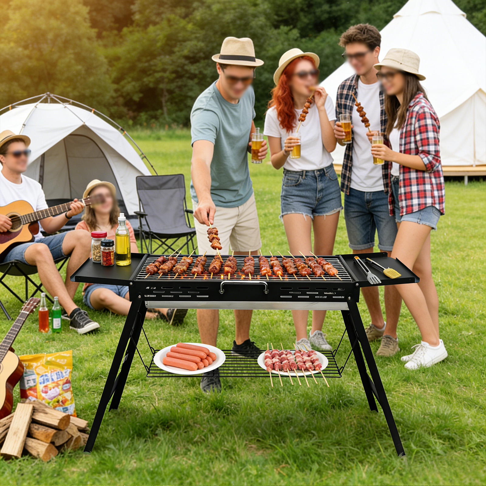 Menschen grillen Fleisch und Würstchen im Freien neben Zelten mit Gitarrenmusik.