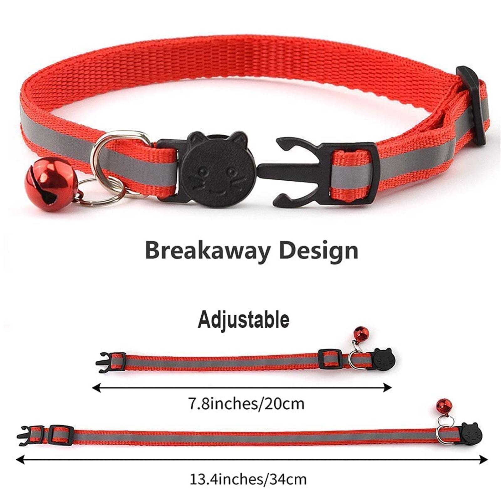 Roter Katzenhalsband mit Glöckchen, reflektierendem Streifen und Katzengesicht-Schnalle.