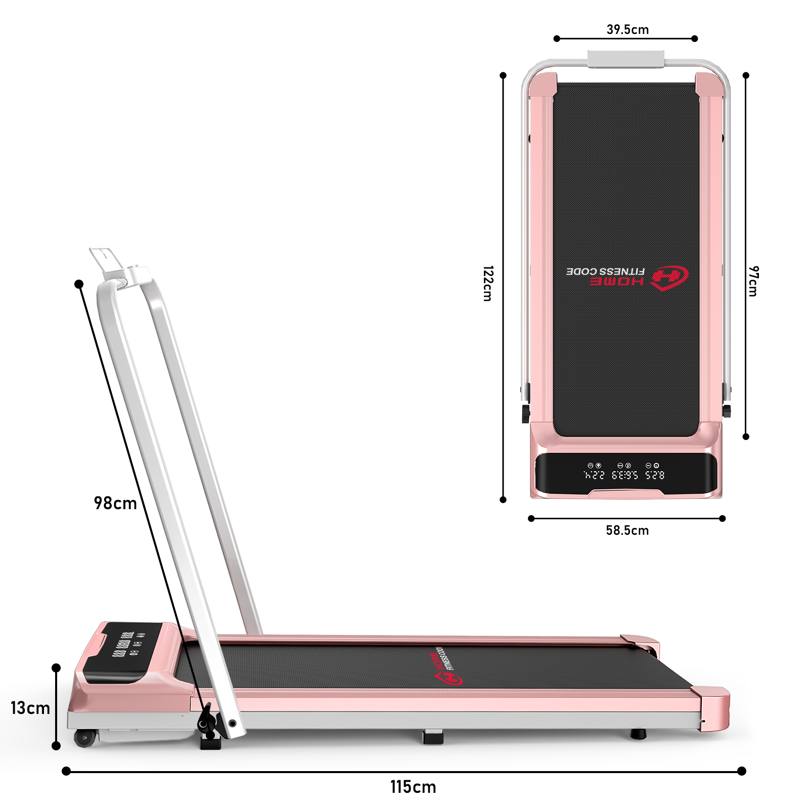 Różowa bieżnia z czarnymi detalami, podane są wymiary.