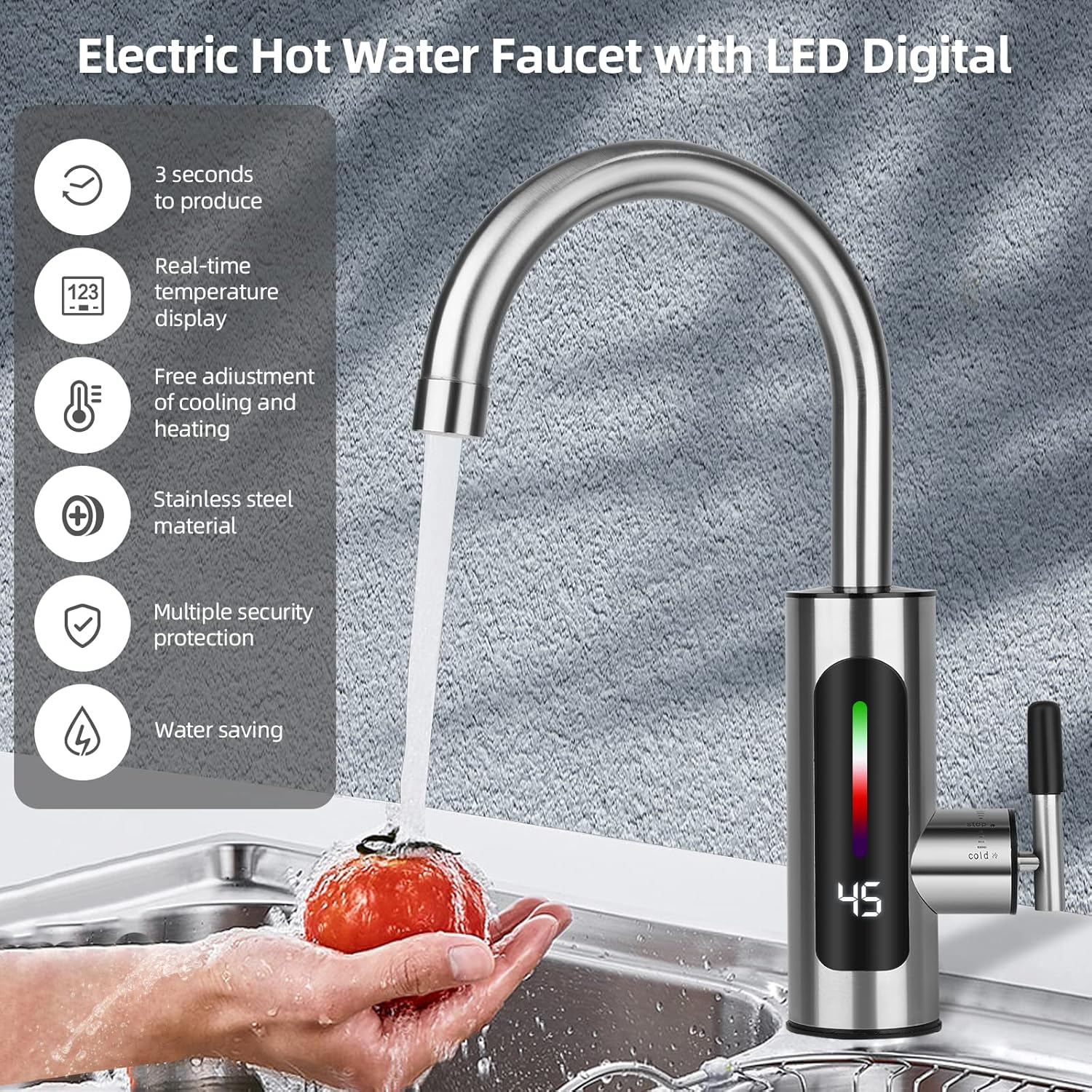 Elektrischer Heißwasserhahn mit LED-Anzeige, der einen Tomate wäscht.