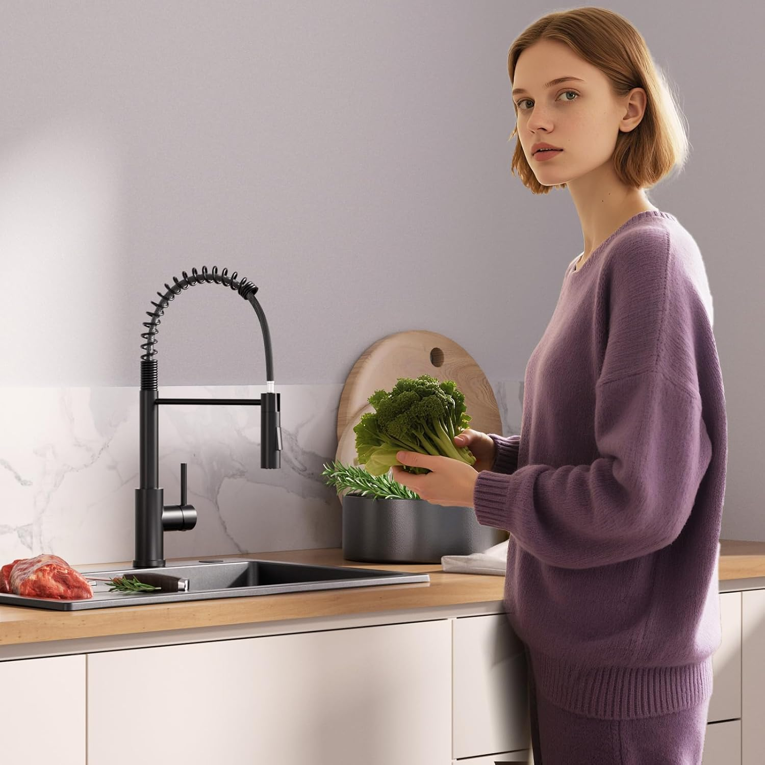 Frau in Lila hält Brokkoli in der Nähe des Spülbeckens mit rohem Fleisch und Wasserhahn.