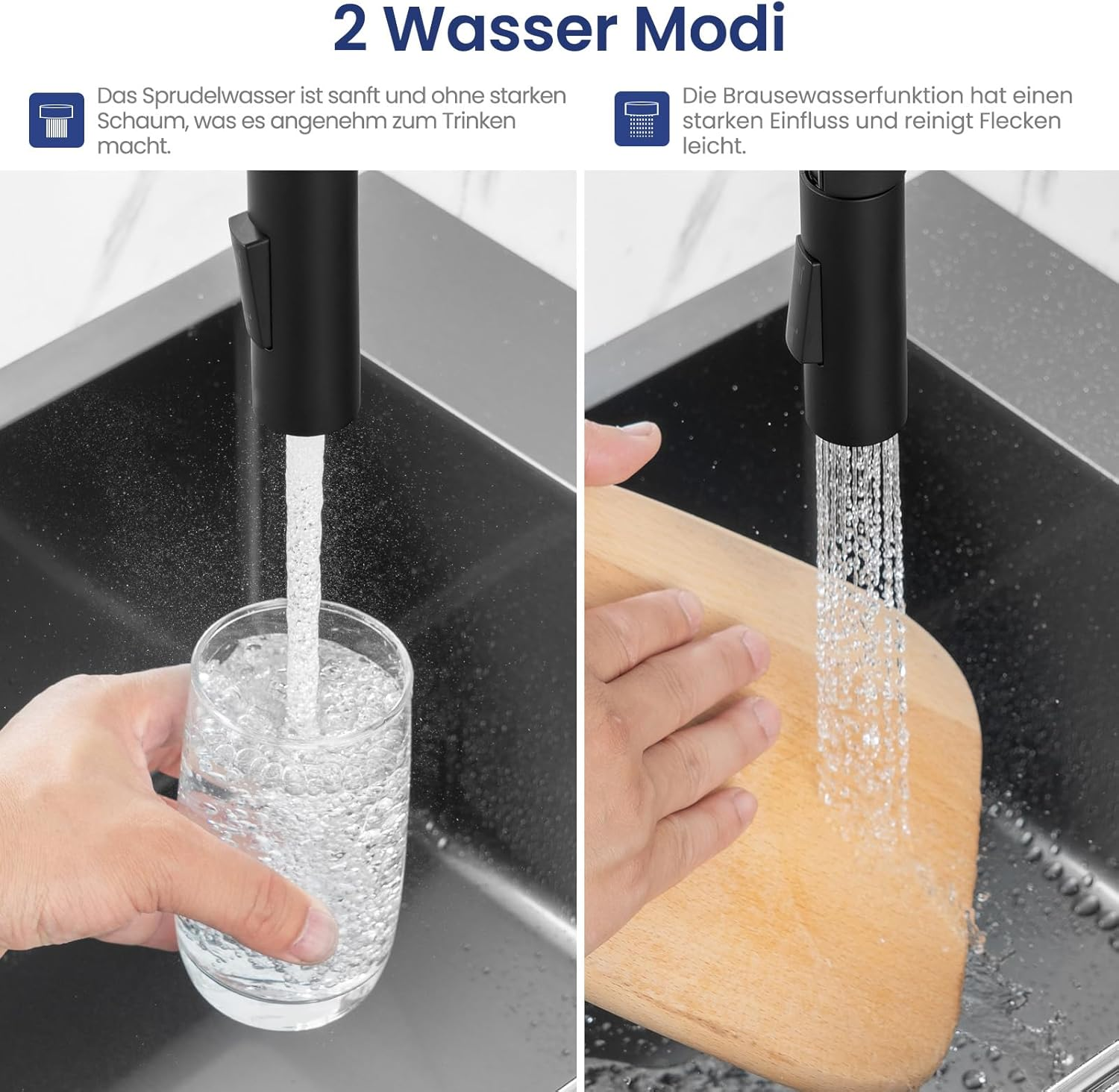 Zwei Wasserstrahlen: sanft in ein Glas, stark auf ein Brett.