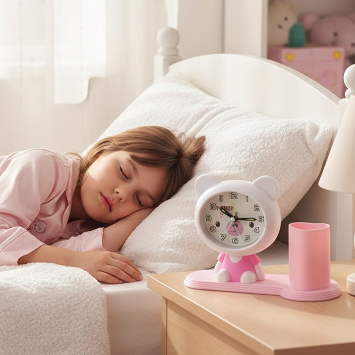 Ein kleines Mädchen schläft im Bett, ein Bärenwecker steht auf dem Nachttisch.