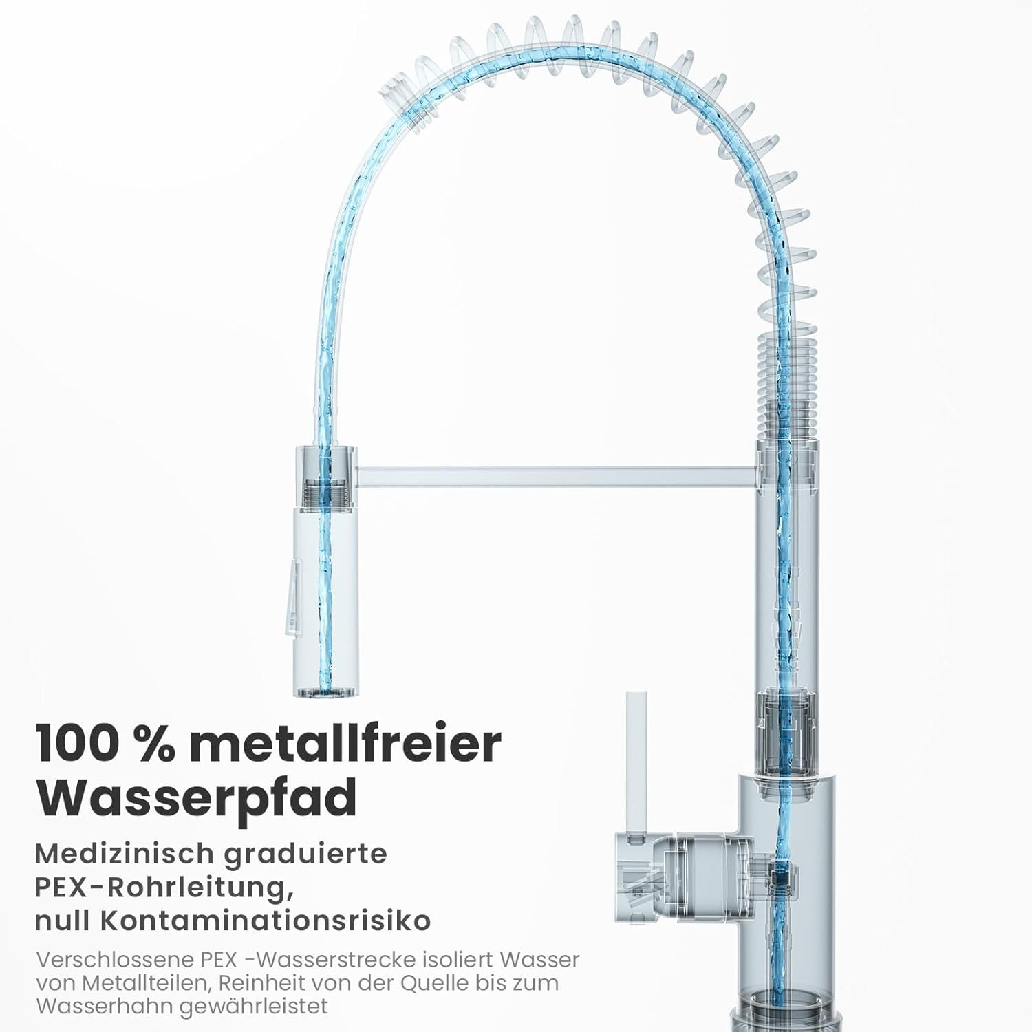 Ein Wasserhahn mit transparentem Schlauch, durch den Wasser fließt.