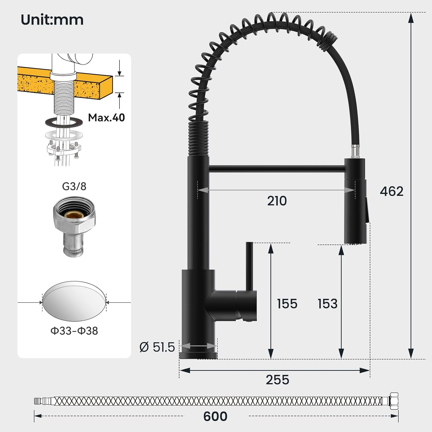 Schwarzer Küchenarmatur-Diagramm mit Maßen: Höhe 462mm, Breite 255mm, Schlauchlänge 600mm.