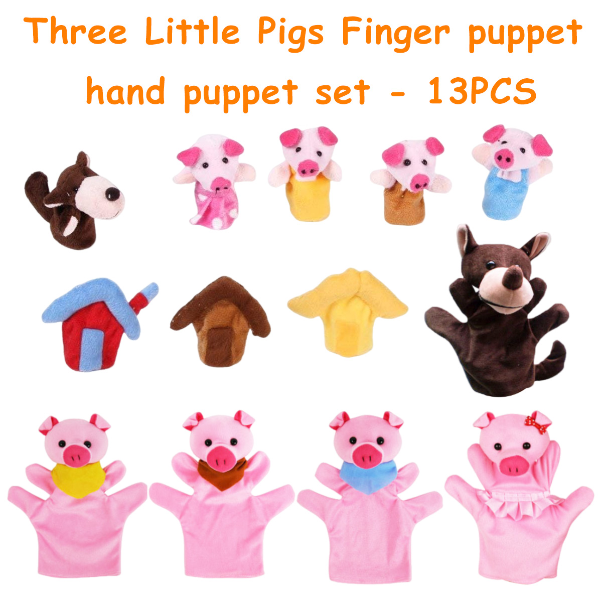 13teiliges Fingerspielzeug-Set mit drei kleinen Schweinchen und einem Wolf.